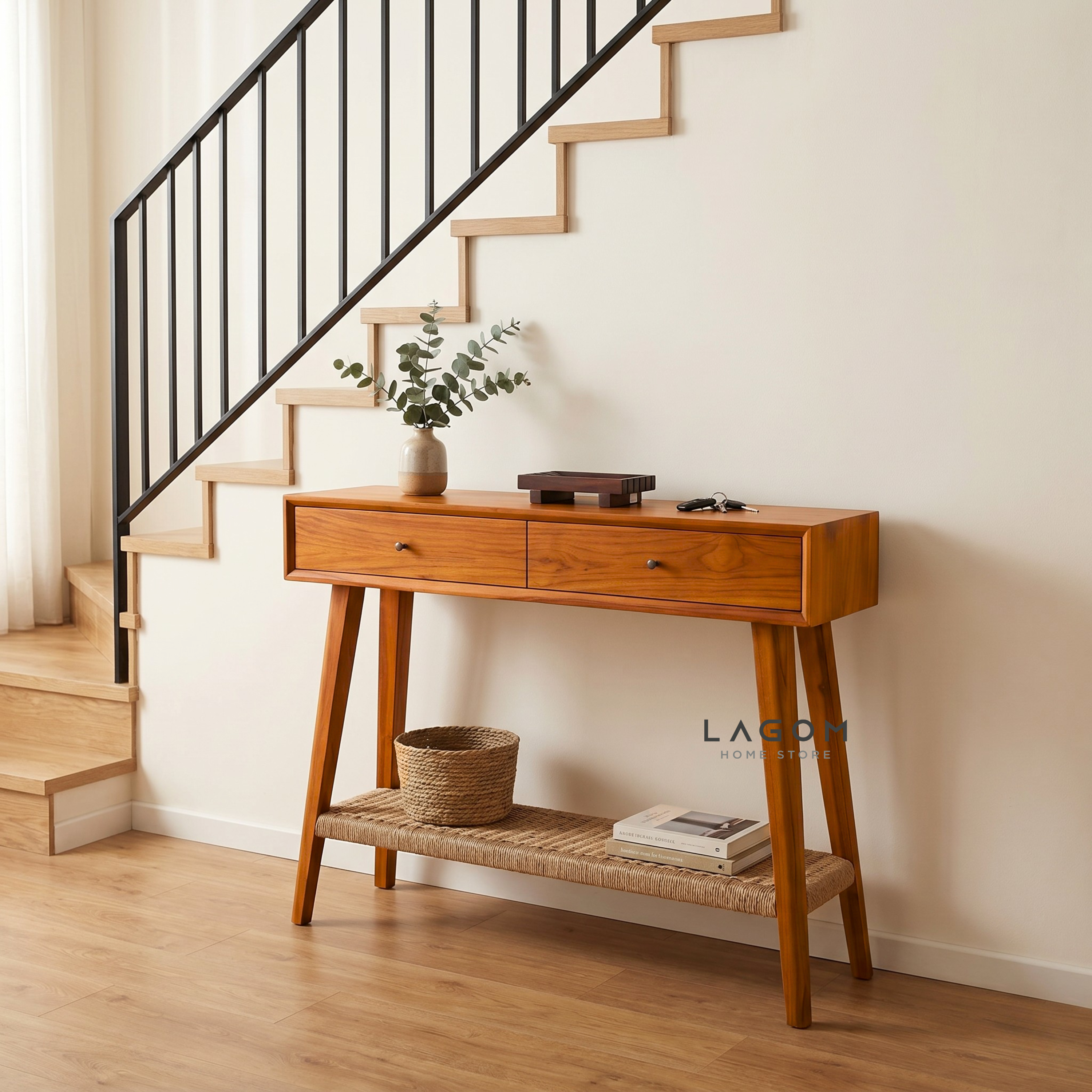 Solid Teak Console Table with Drawers & Loom Shelf Console Table Lagom Home Store Jati Furnitur Teak Furniture Jakarta