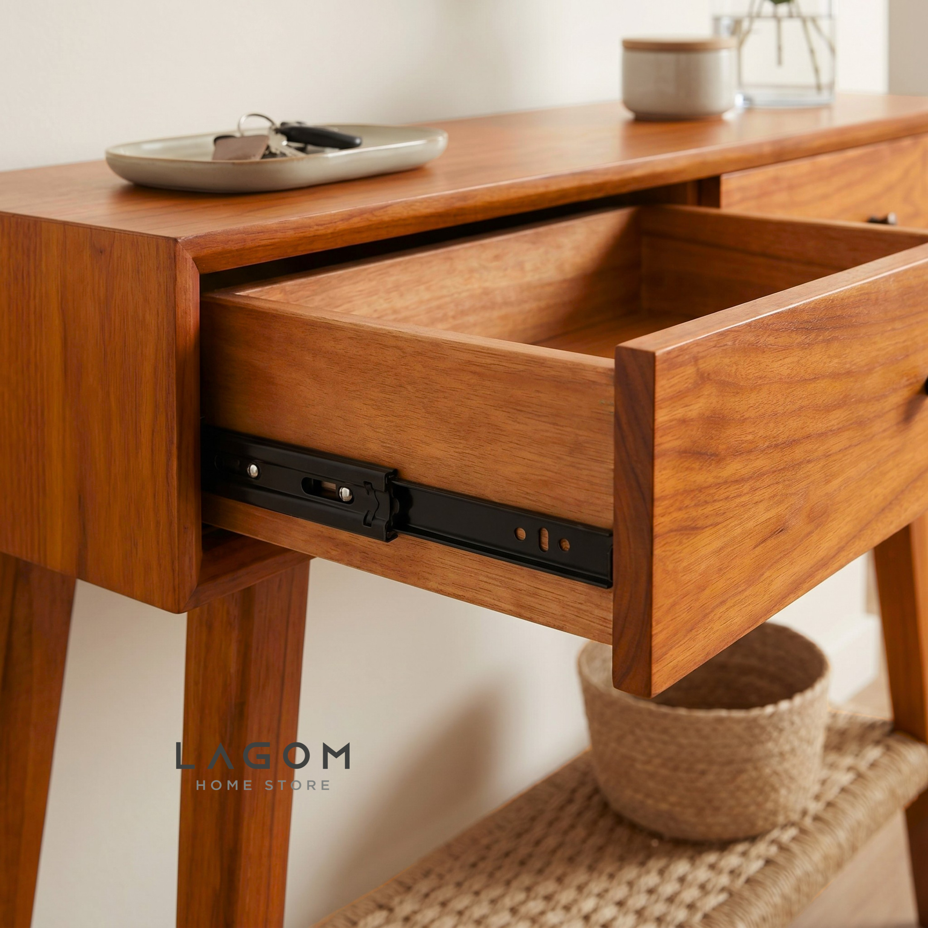 Solid Teak Console Table with Drawers & Loom Shelf Console Table Lagom Home Store Jati Furnitur Teak Furniture Jakarta
