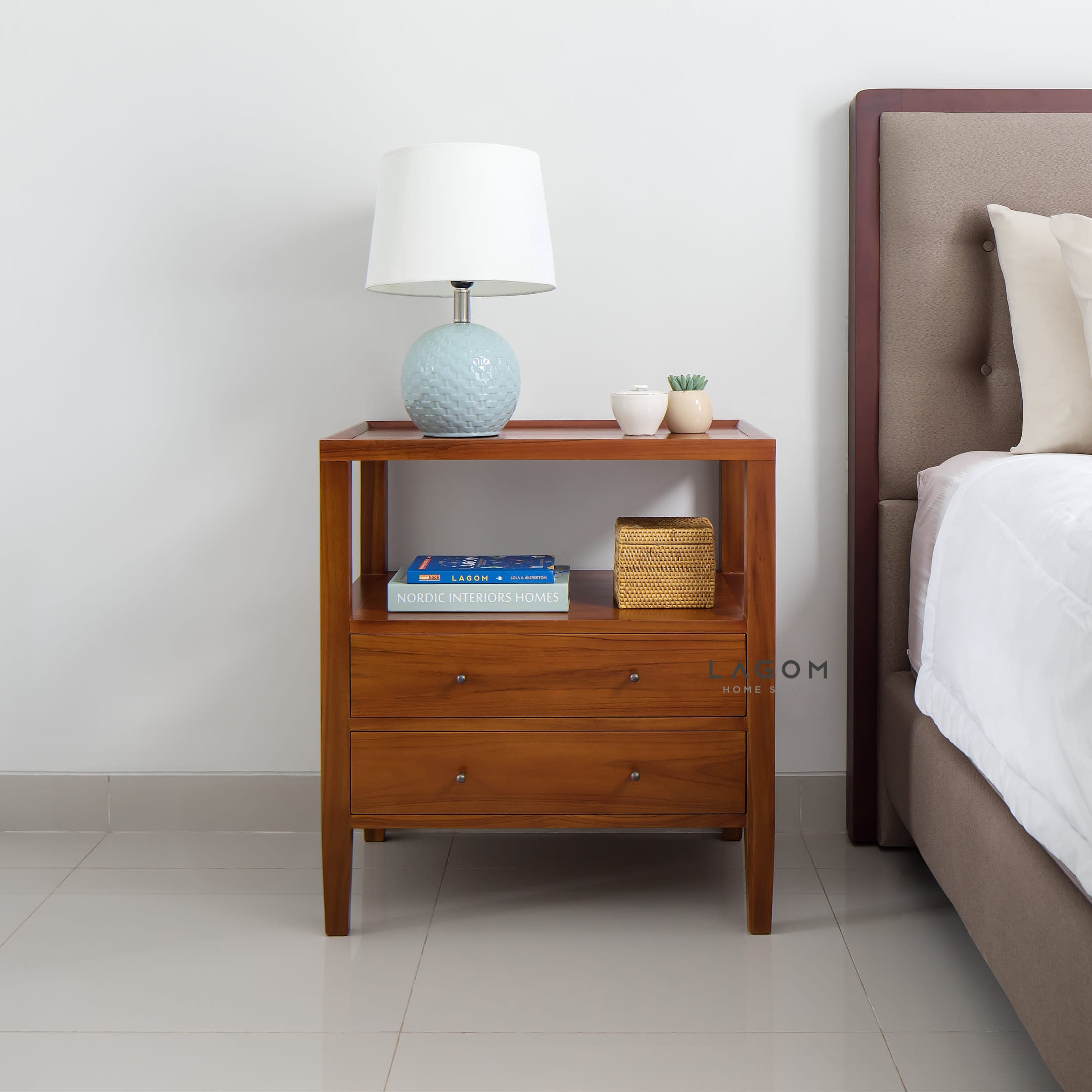 Solid Teak Nightstand with Open Shelf & Drawers Side Table Lagom Home Store Jati Furnitur Teak Furniture Jakarta