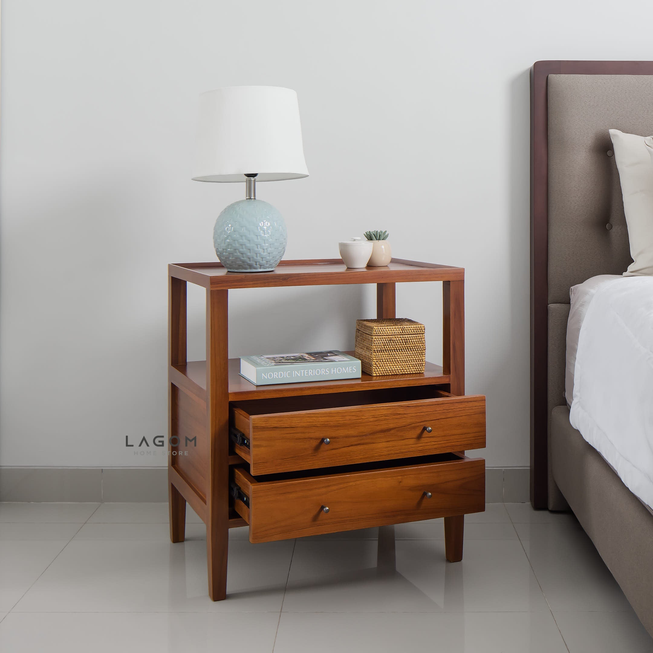 Solid Teak Nightstand with Open Shelf & Drawers Side Table Lagom Home Store Jati Furnitur Teak Furniture Jakarta