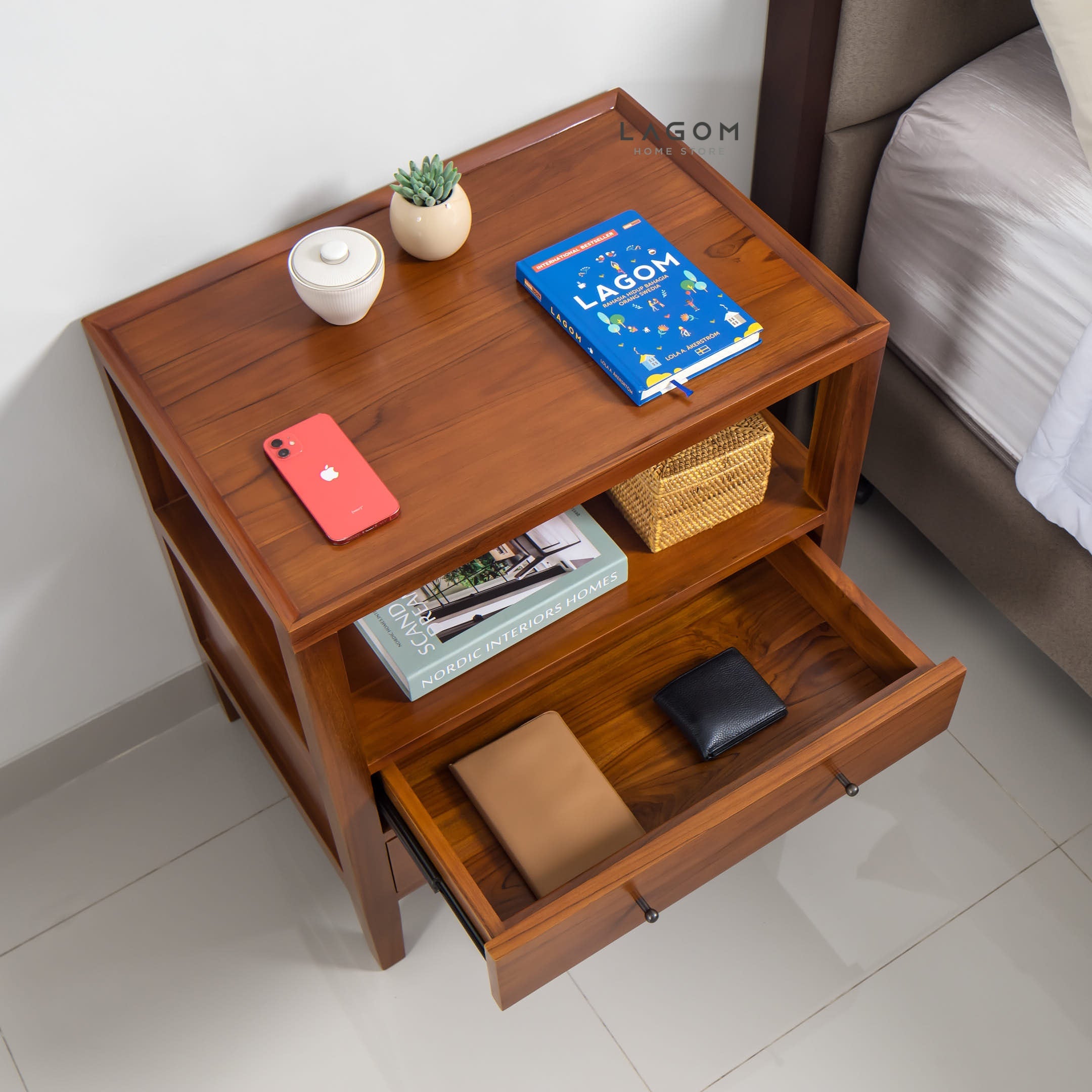 Solid Teak Nightstand with Open Shelf & Drawers Side Table Lagom Home Store Jati Furnitur Teak Furniture Jakarta