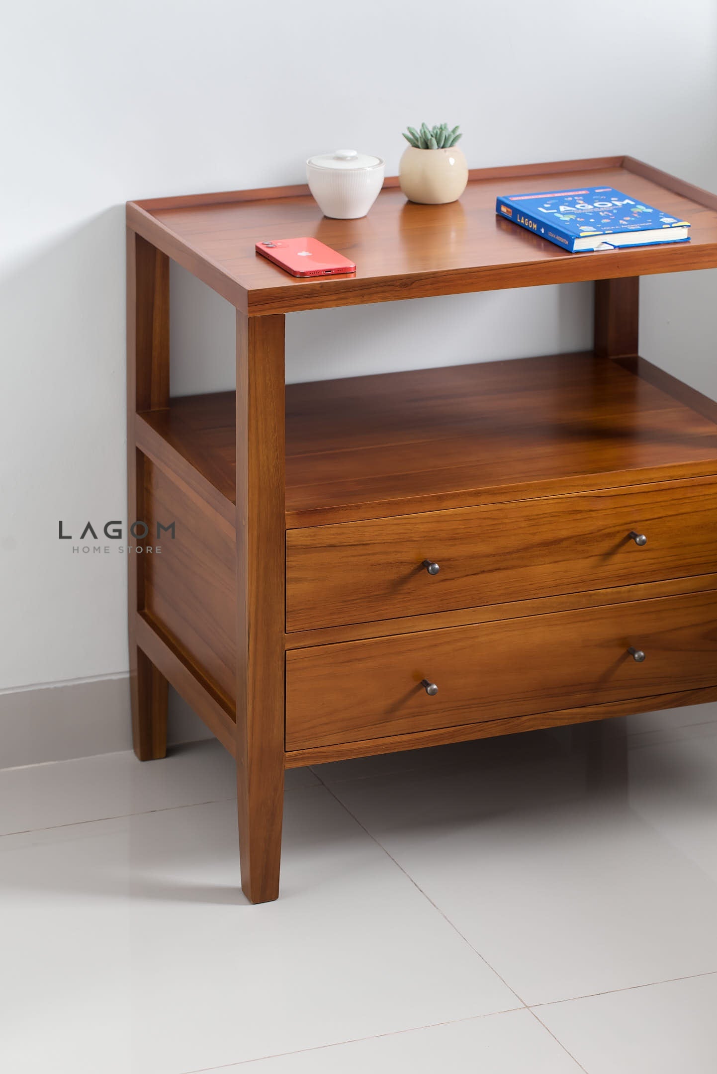 Solid Teak Nightstand with Open Shelf & Drawers Side Table Lagom Home Store Jati Furnitur Teak Furniture Jakarta
