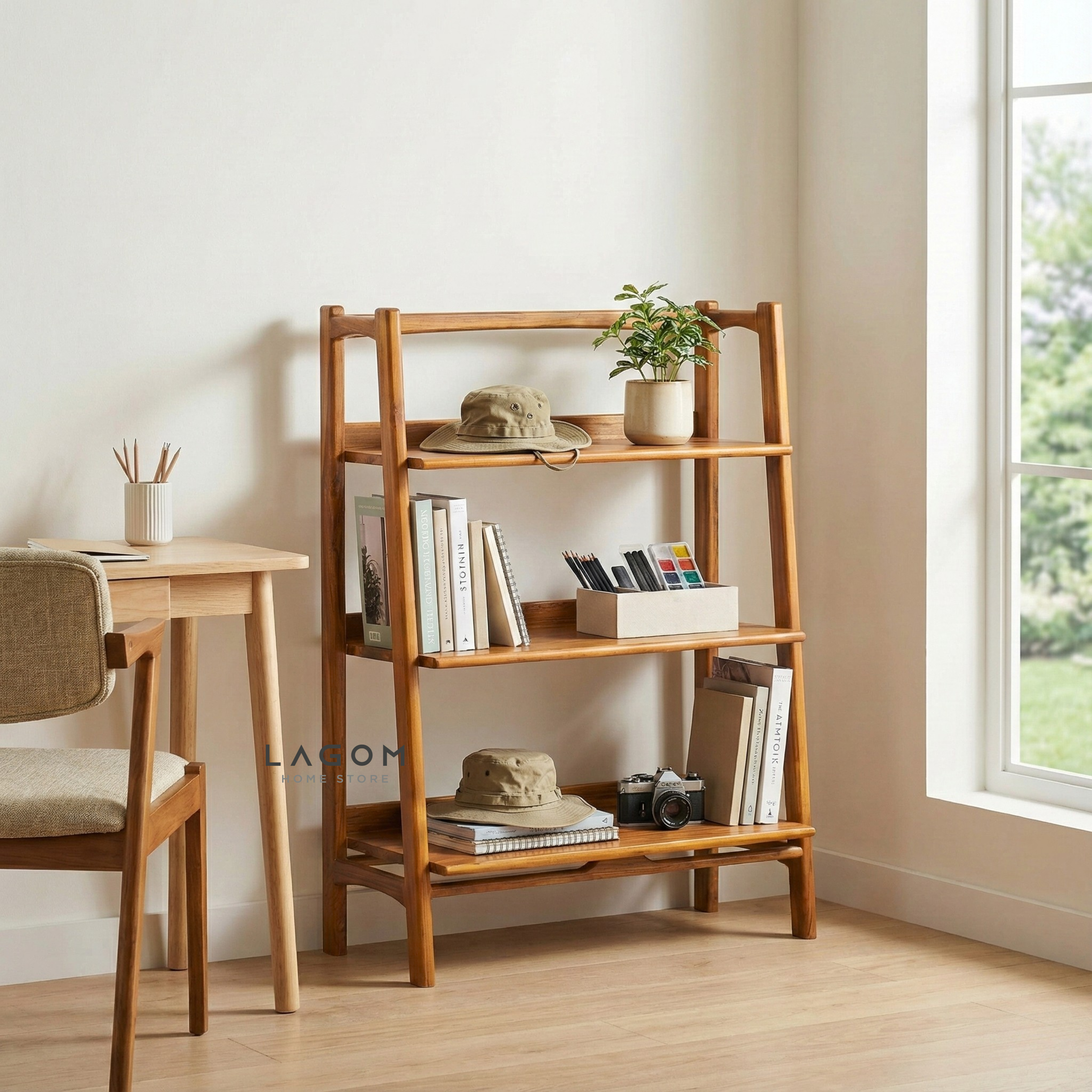 Solid Teak Open Shelf with 3 Tiers Bookshelves Lagom Home Store Jati Furnitur Teak Furniture Jakarta