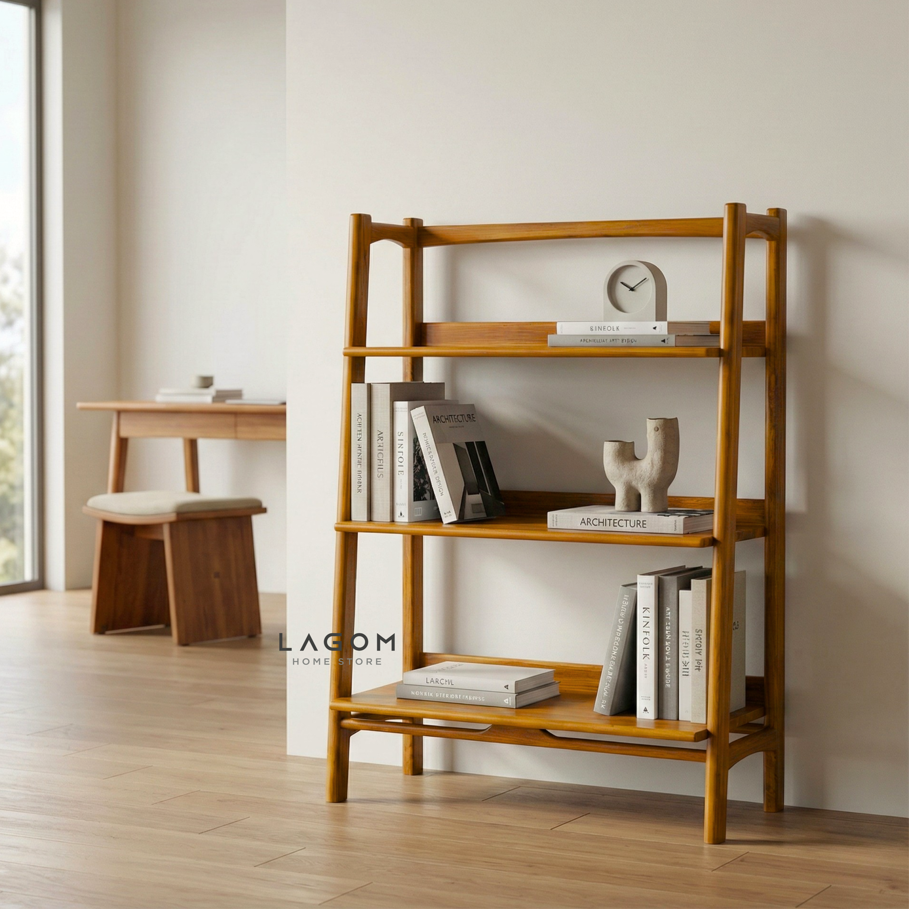 Solid Teak Open Shelf with 3 Tiers Bookshelves Lagom Home Store Jati Furnitur Teak Furniture Jakarta