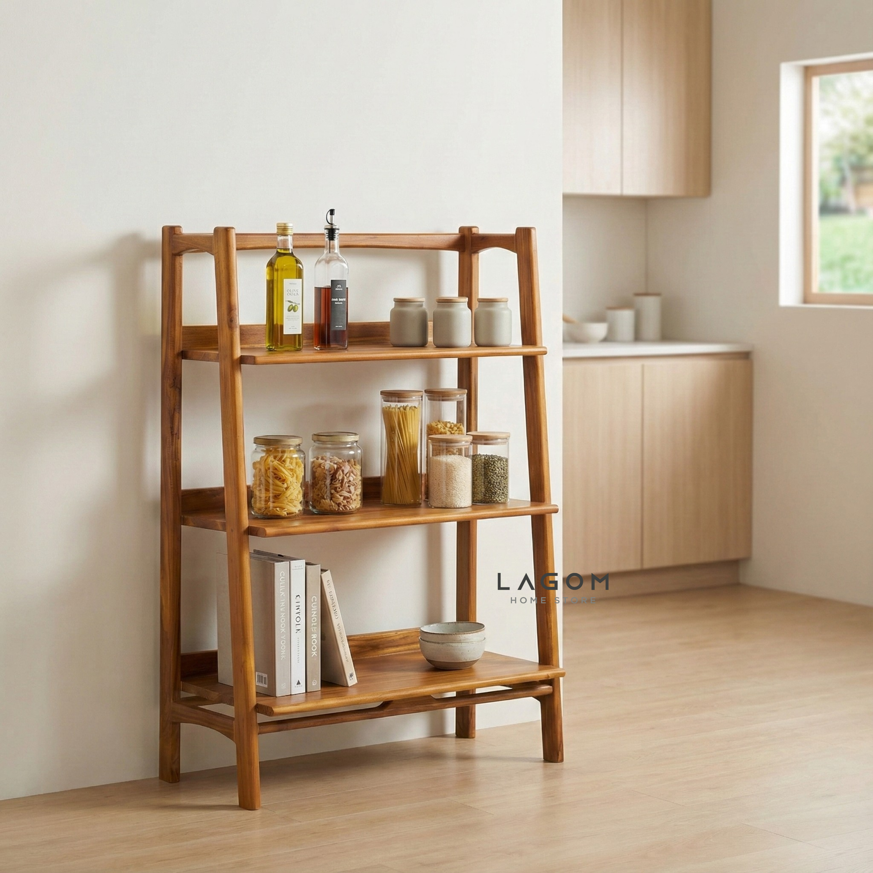 Solid Teak Open Shelf with 3 Tiers Bookshelves Lagom Home Store Jati Furnitur Teak Furniture Jakarta
