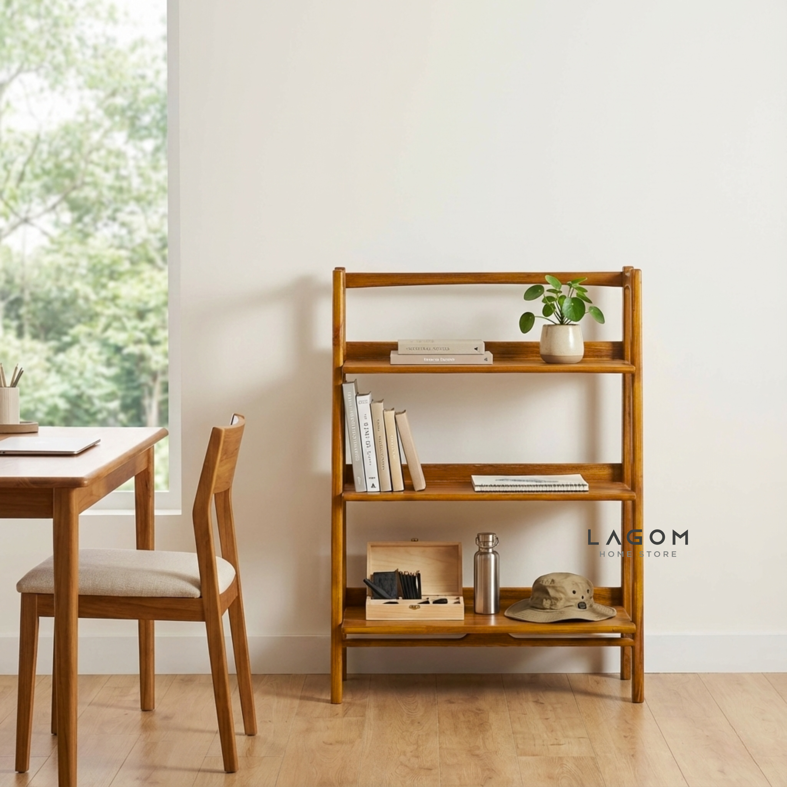 Solid Teak Open Shelf with 3 Tiers Bookshelves Lagom Home Store Jati Furnitur Teak Furniture Jakarta