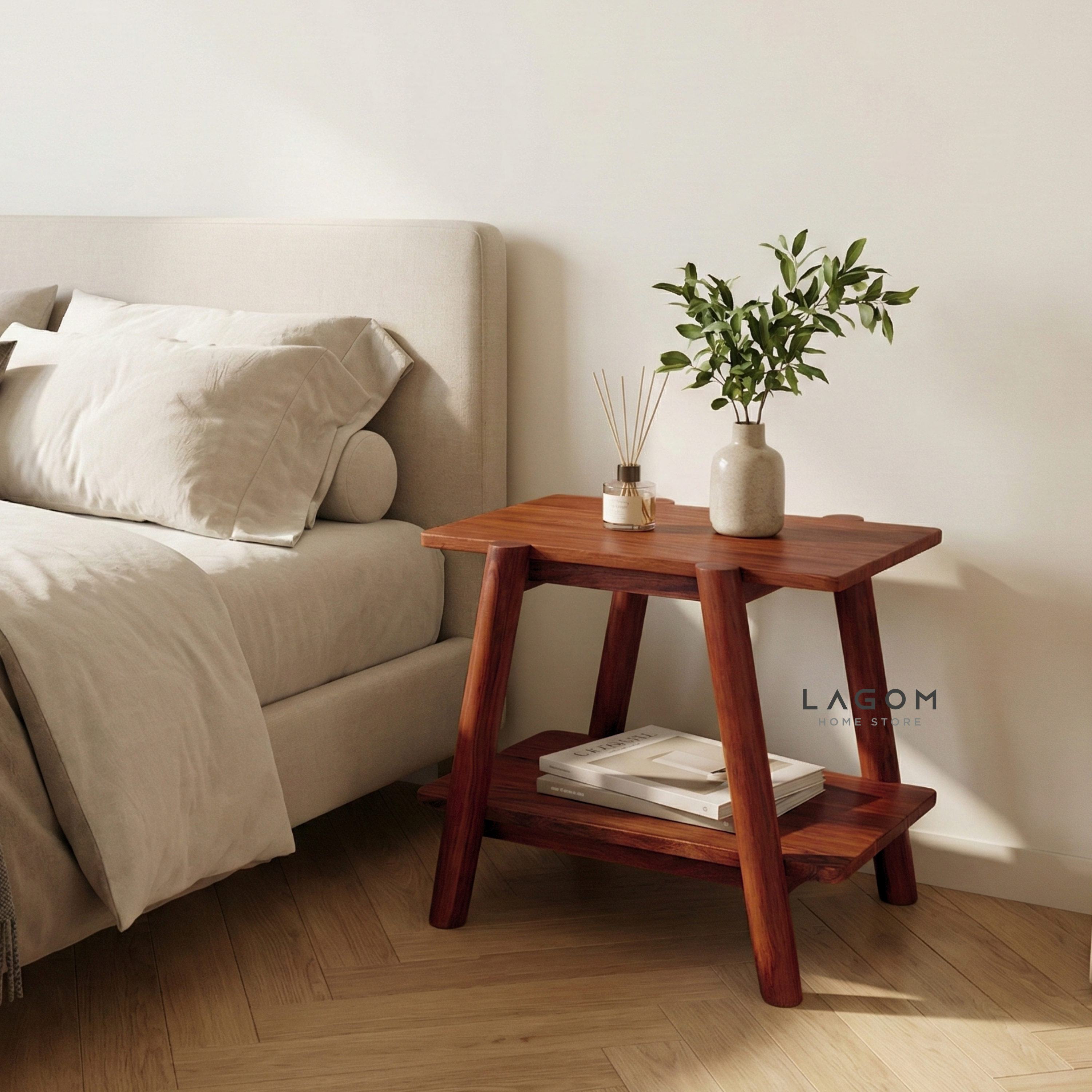 Solid Teak Side Table with Open Shelves Side Table Lagom Home Store Jati Furnitur Teak Furniture Jakarta