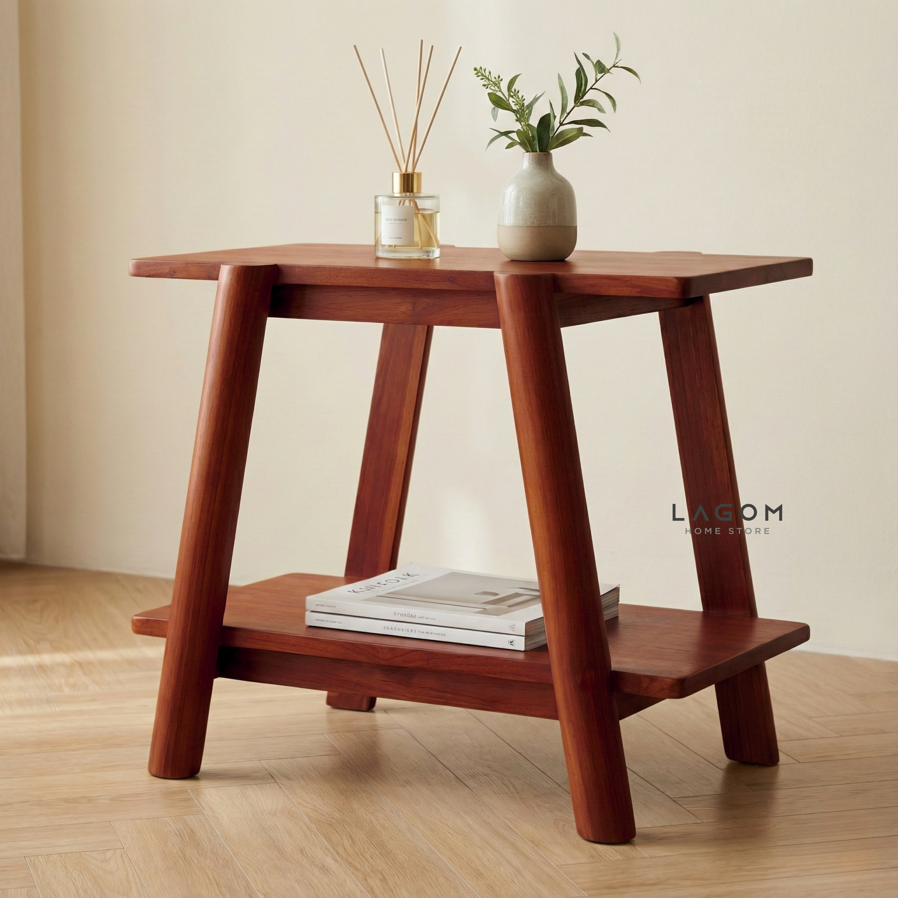 Solid Teak Side Table with Open Shelves Side Table Lagom Home Store Jati Furnitur Teak Furniture Jakarta