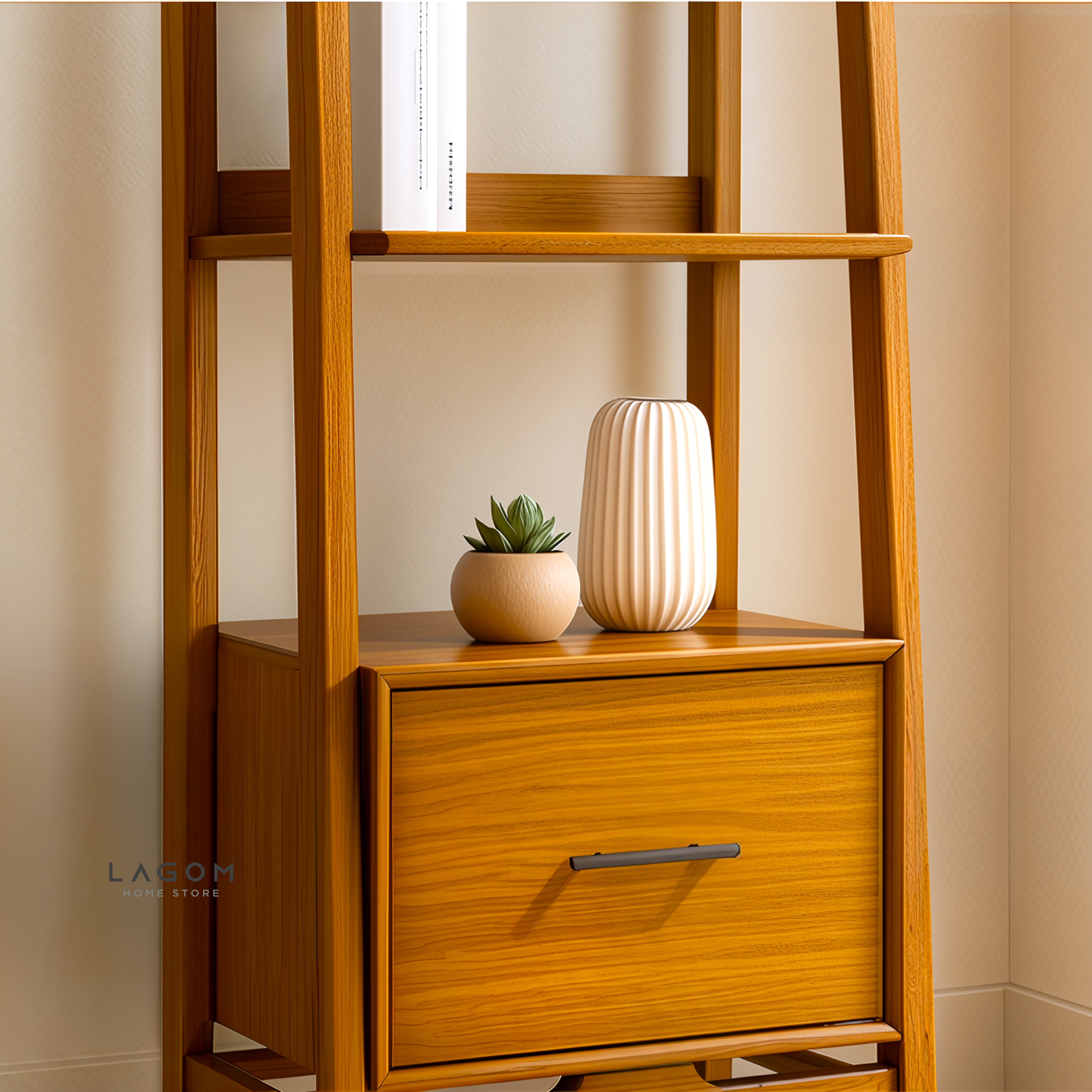 Solid Teak Wood Shelf with 3 Tiers and 1 Drawer Bookshelf Lagom Home Store Jati Furnitur Teak Furniture Jakarta