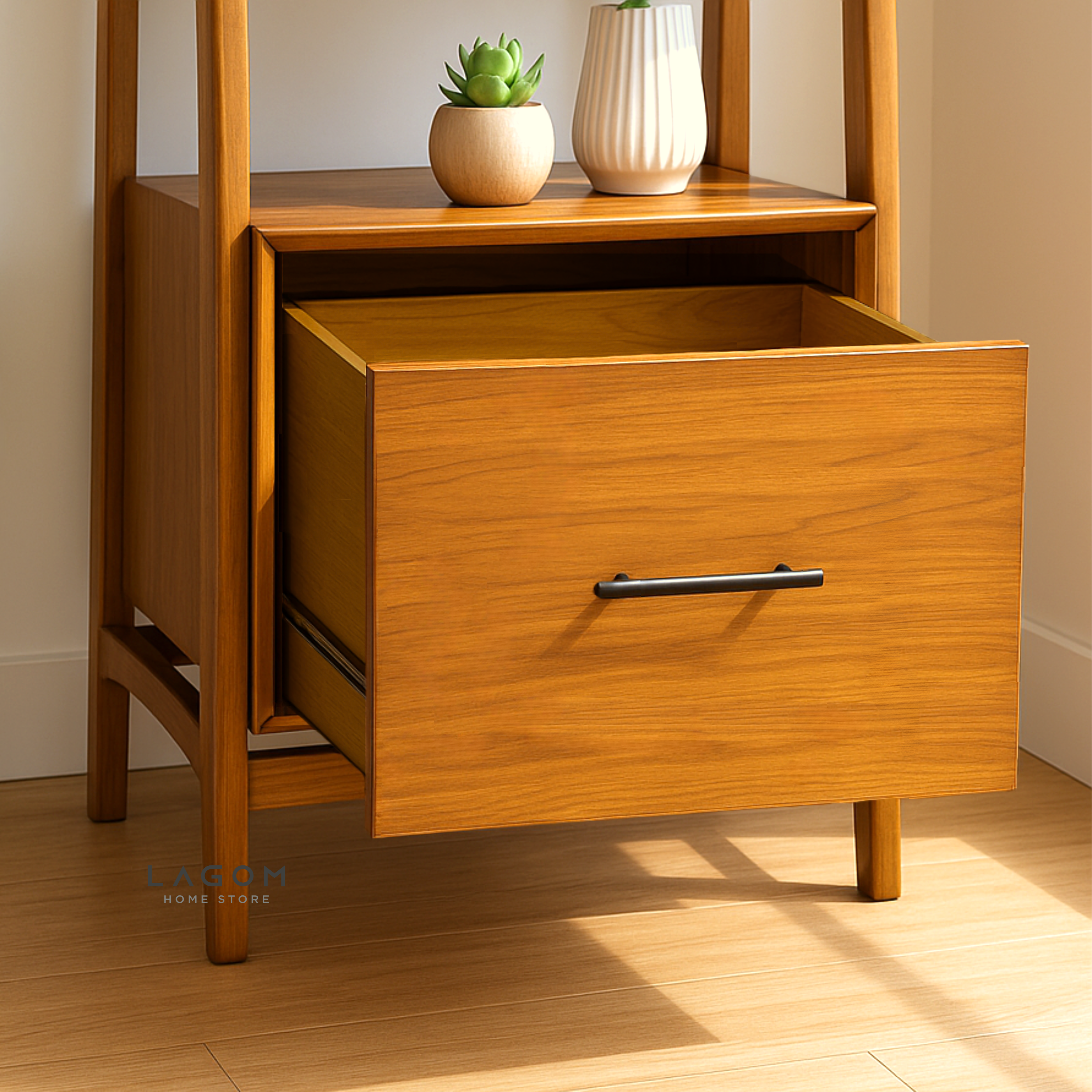 Solid Teak Wood Shelf with 3 Tiers and 1 Drawer Bookshelf Lagom Home Store Jati Furnitur Teak Furniture Jakarta