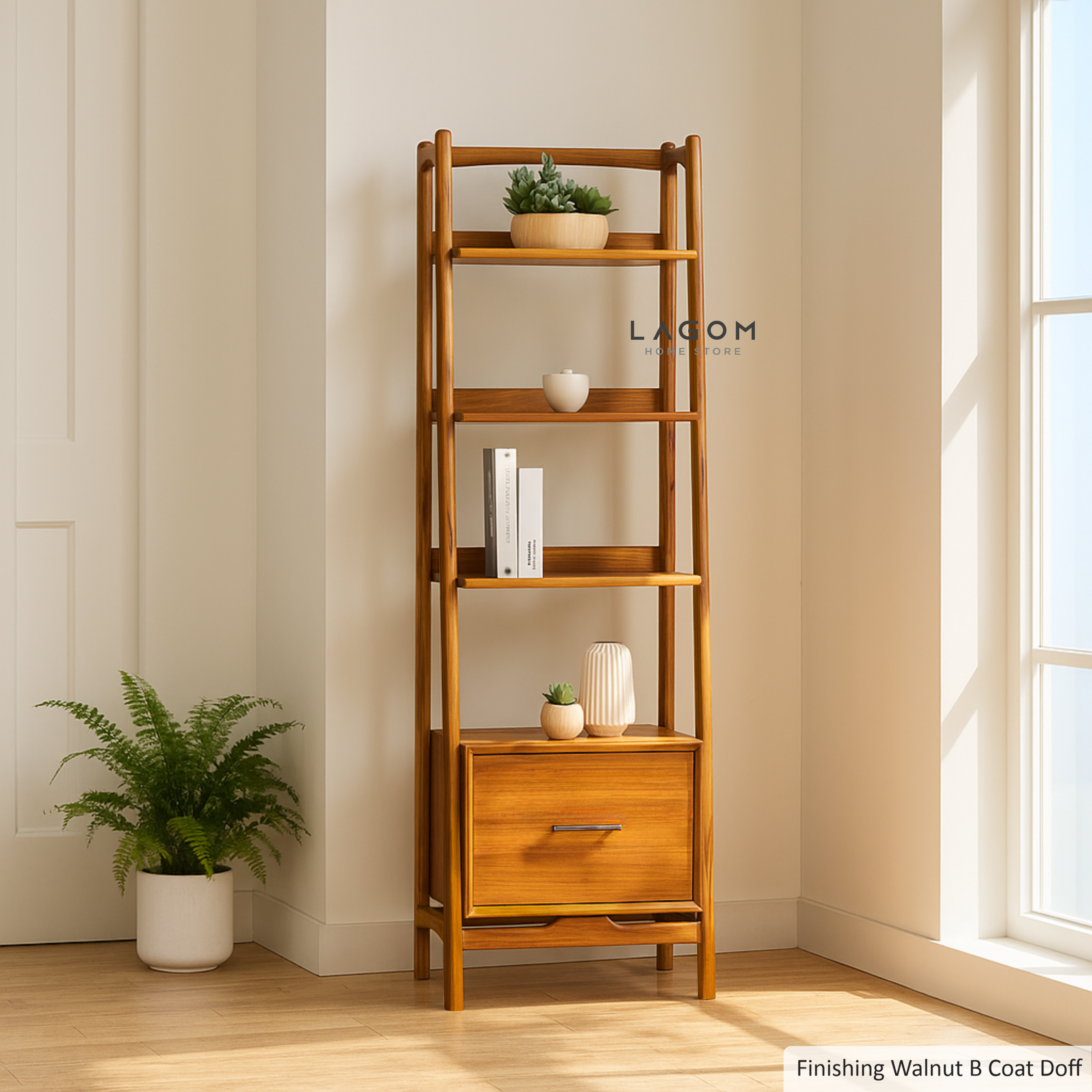 Solid Teak Wood Shelf with 3 Tiers and 1 Drawer Bookshelf Lagom Home Store Jati Furnitur Teak Furniture Jakarta