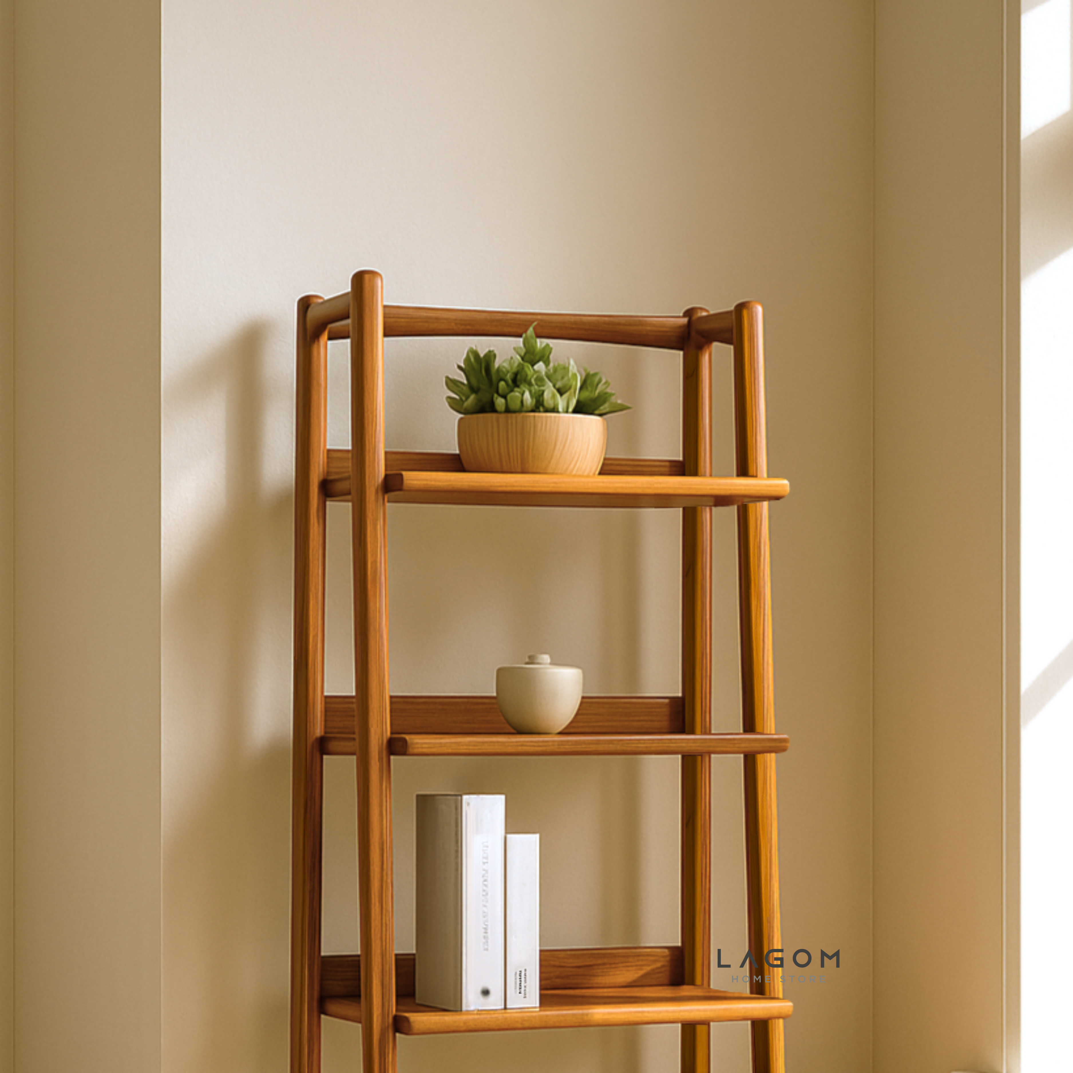 Solid Teak Wood Shelf with 3 Tiers and 1 Drawer Bookshelf Lagom Home Store Jati Furnitur Teak Furniture Jakarta