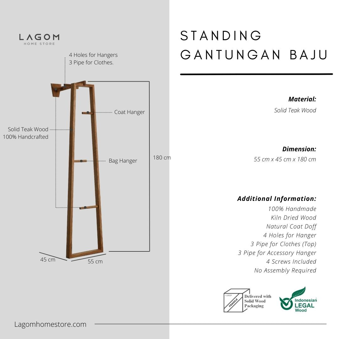 Standing Gantungan Baju Dinding Bahan Kayu Jati Solid Standing Coat Hanger Lagom Home Store Jati Furnitur Teak Furniture Jakarta
