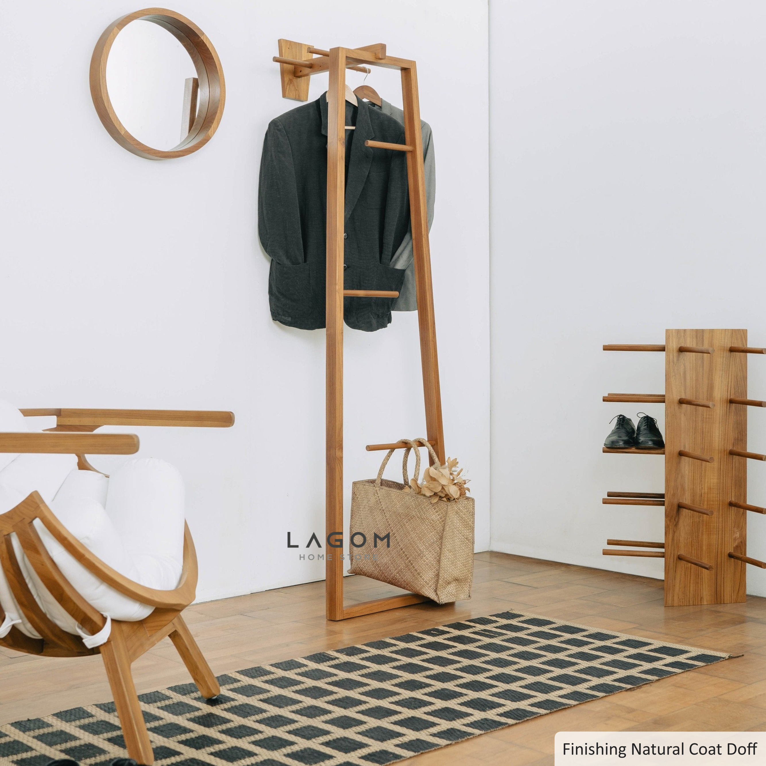 Standing Gantungan Baju & Tas Berdiri Kayu Jati Standing Coat Hanger Lagom Home Store Jati Furnitur Teak Furniture Jakarta