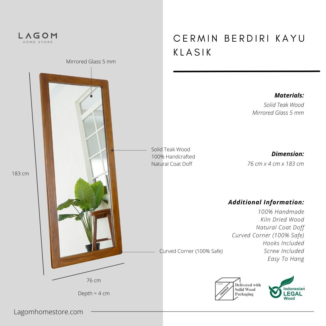 Standing Mirror Simpel Minimalis dari Kayu Jati Solid Mirror Lagom Home Store Jati Furnitur Teak Furniture Jakarta