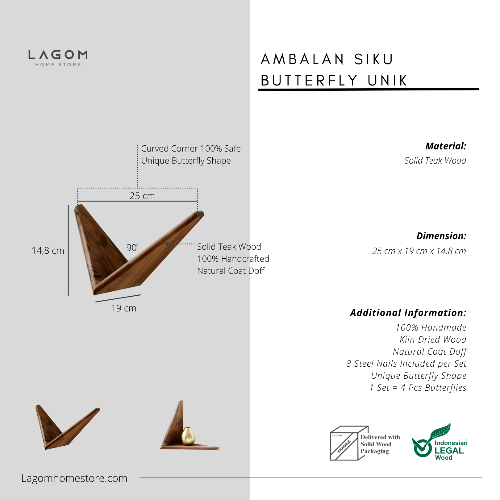 Teak Butterfly Shelf Set (Set of 4, 8 or 12) Wall Shelf Lagom Home Store Jati Furnitur Teak Furniture Jakarta