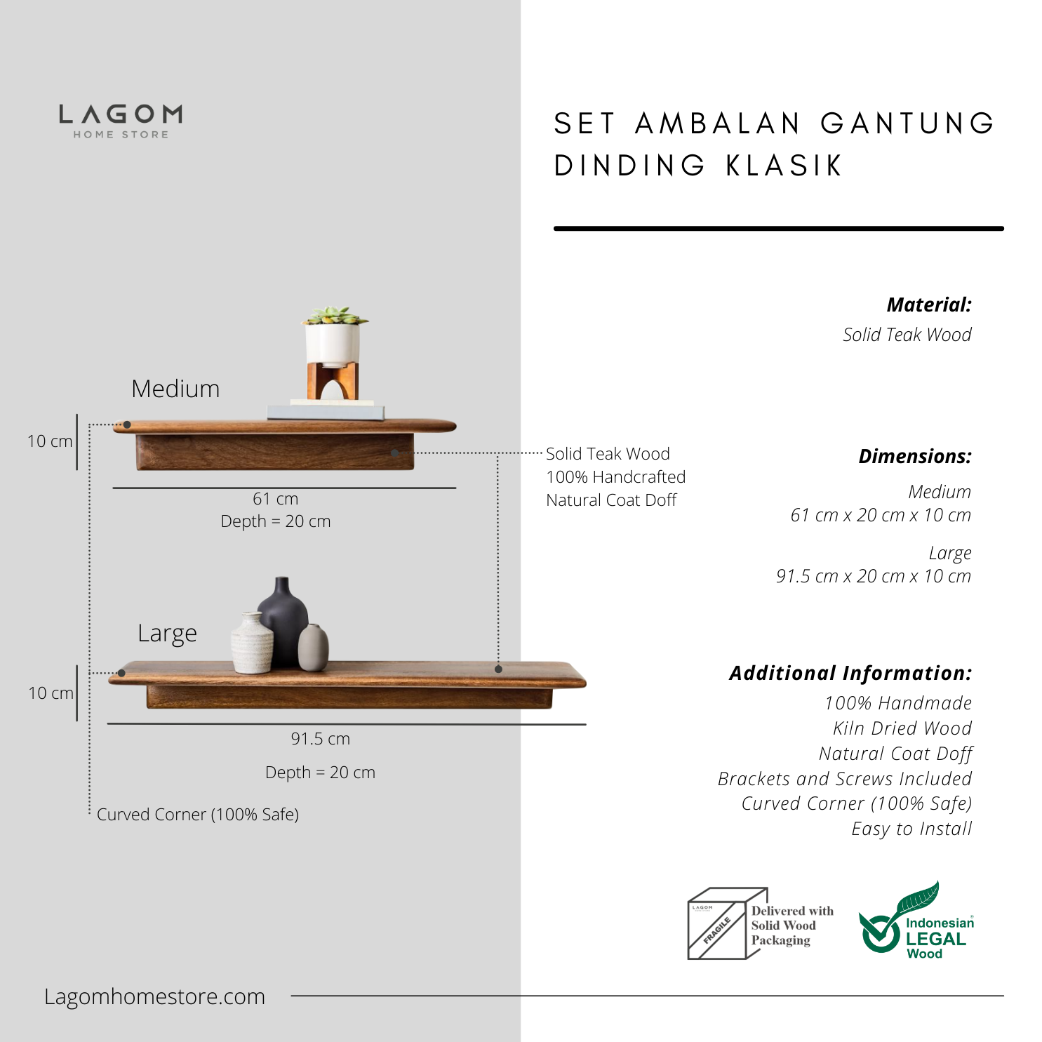 Teak Floating Shelf - Set of 2 Set of 2 (1 Medium & 1 Large) Wall Shelf Lagom Home Store Jati Furnitur Teak Furniture Jakarta