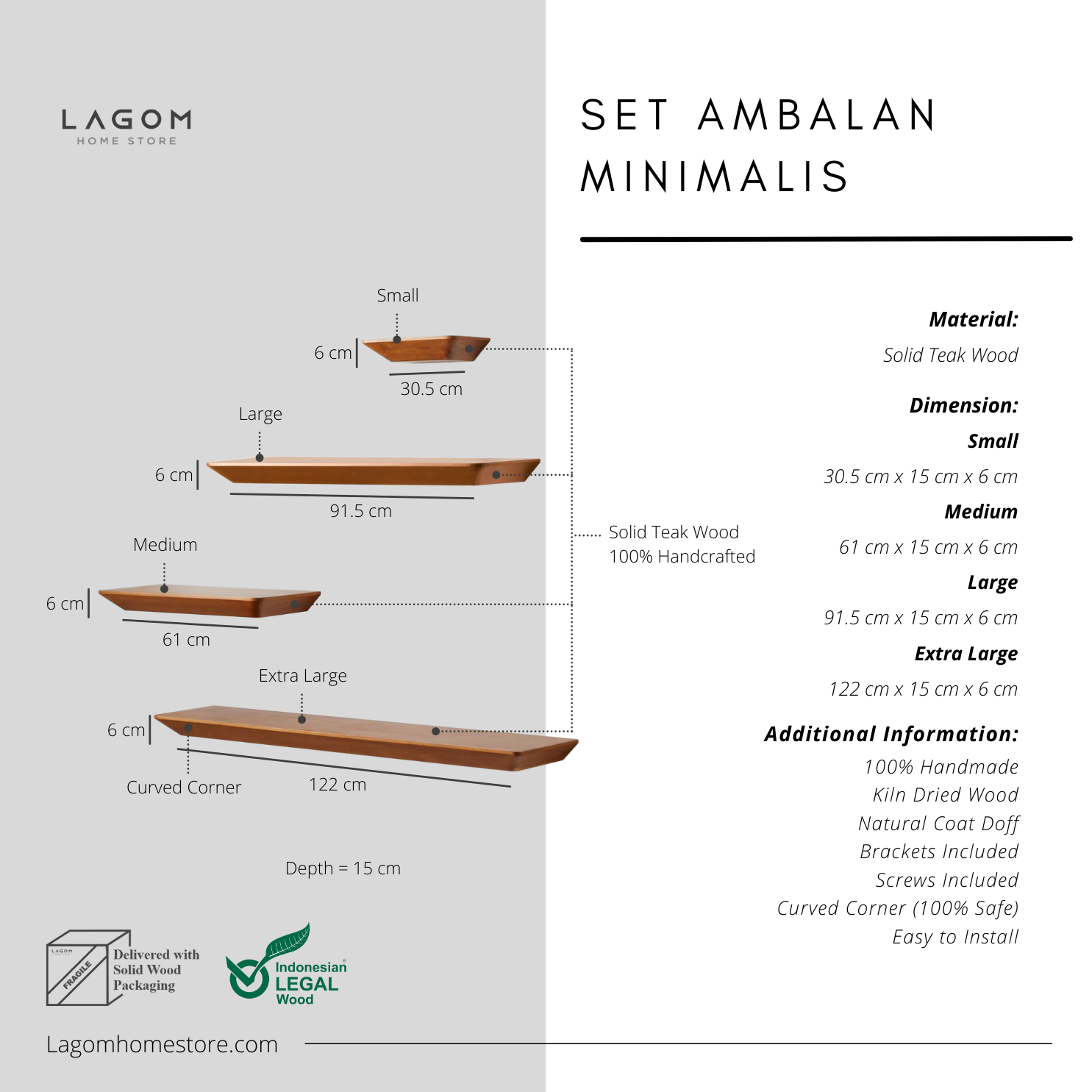Teak Floating Shelves – Set of 4 Set of Shelves (4 Shelves) Wall Shelf Lagom Home Store Jati Furnitur Teak Furniture Jakarta