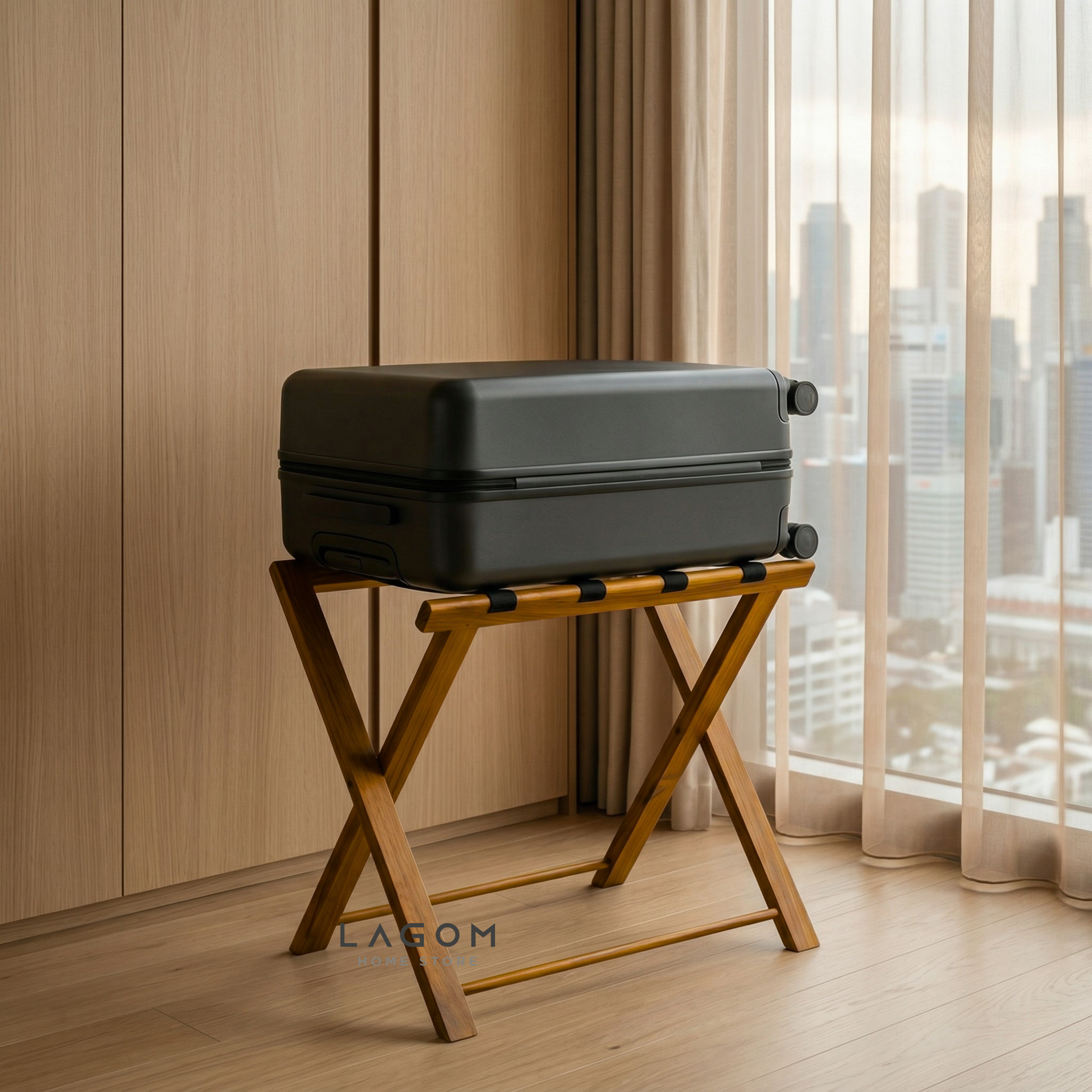 Teak Luggage Rack with Genuine Leather Luggage Rack Lagom Home Store Jati Furnitur Teak Furniture Jakarta