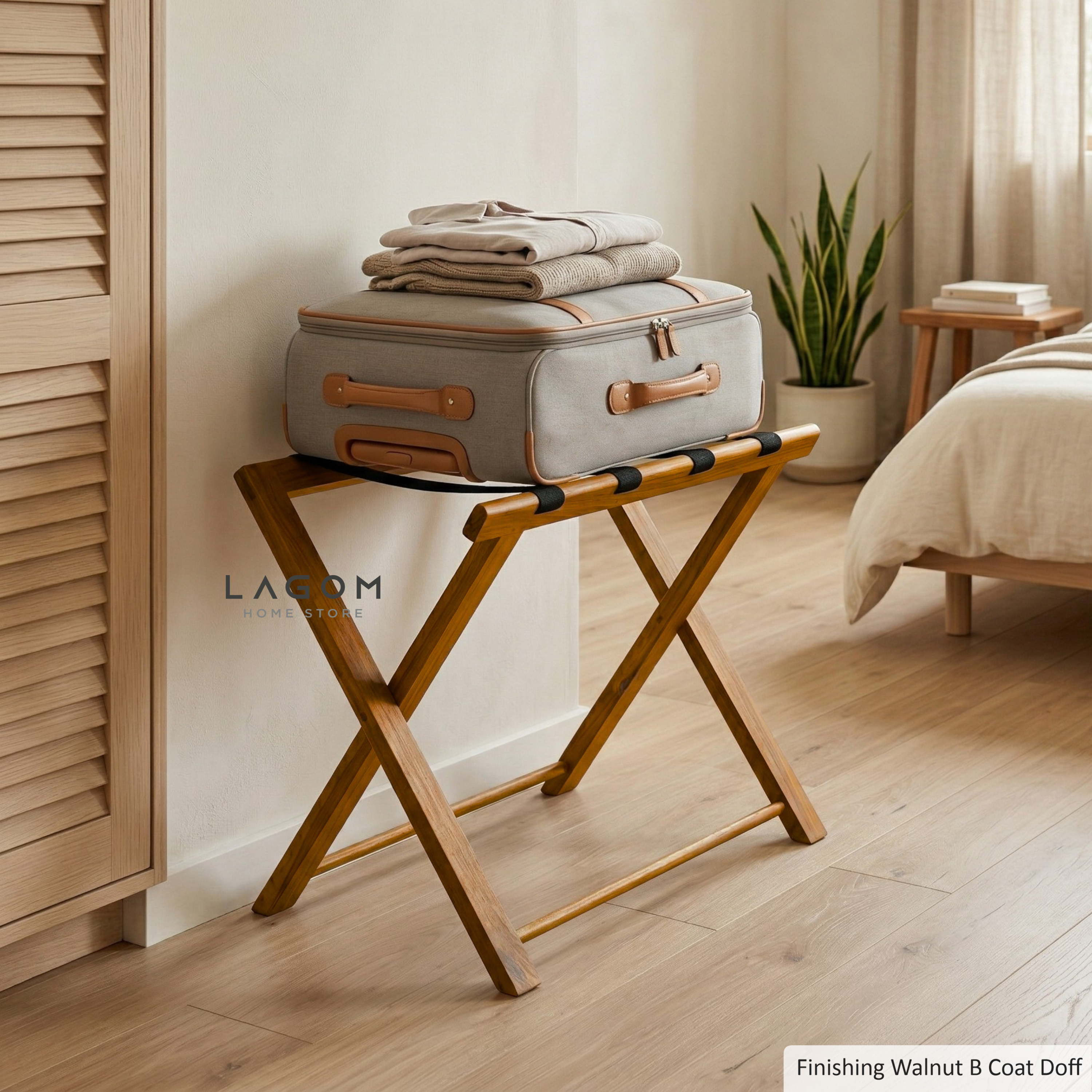 Teak Luggage Rack with Genuine Leather Luggage Rack Lagom Home Store Jati Furnitur Teak Furniture Jakarta