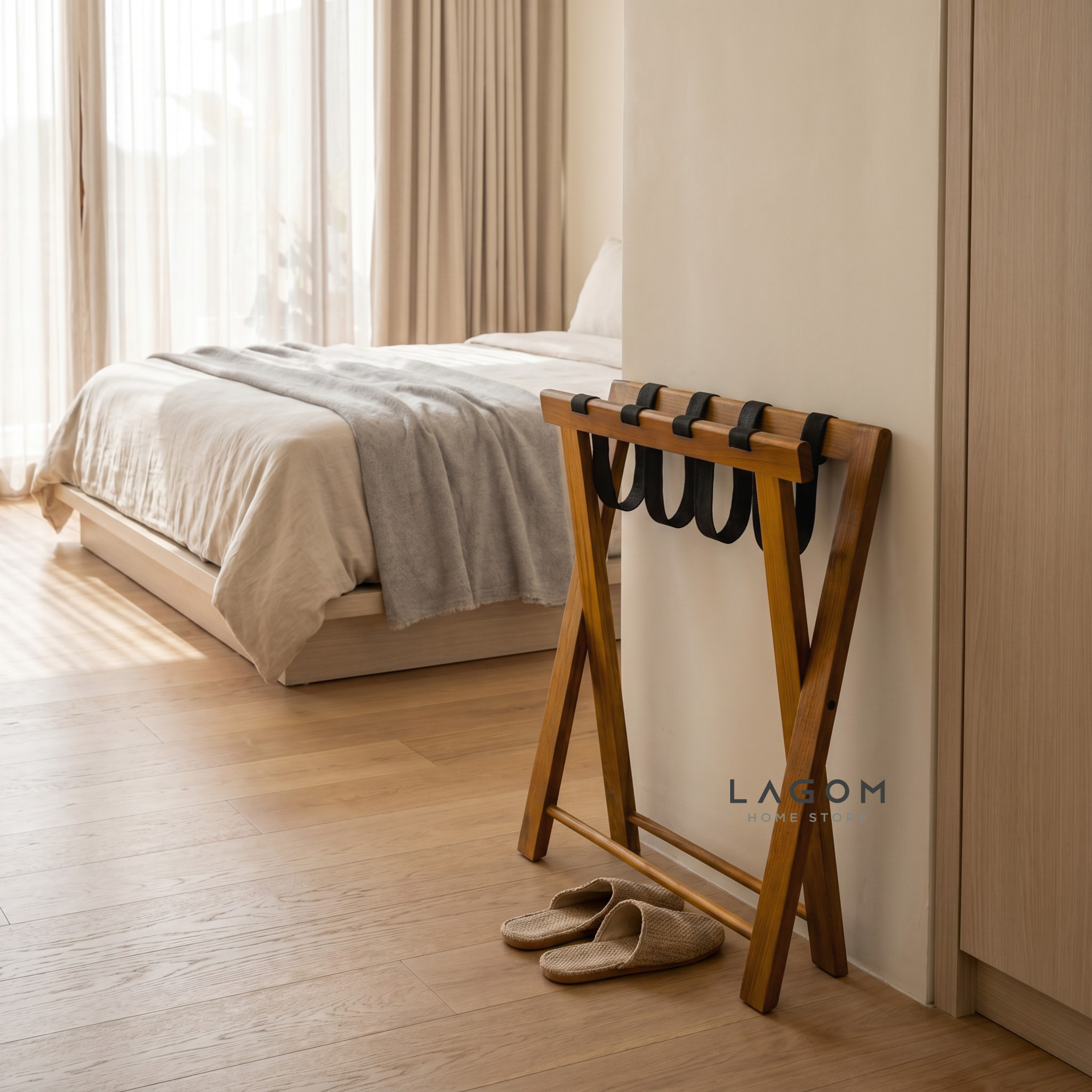 Teak Luggage Rack with Genuine Leather Luggage Rack Lagom Home Store Jati Furnitur Teak Furniture Jakarta