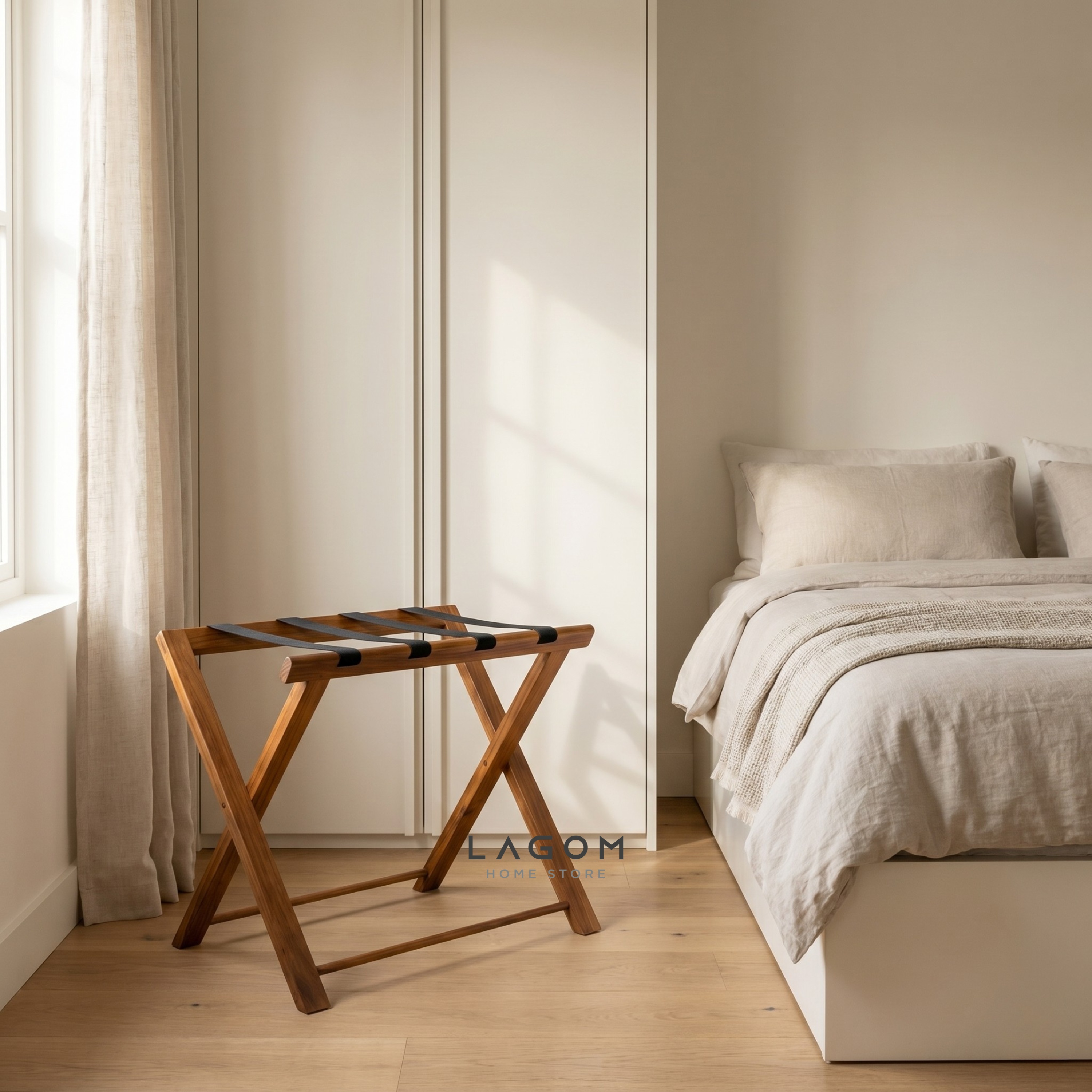Teak Luggage Rack with Genuine Leather Luggage Rack Lagom Home Store Jati Furnitur Teak Furniture Jakarta