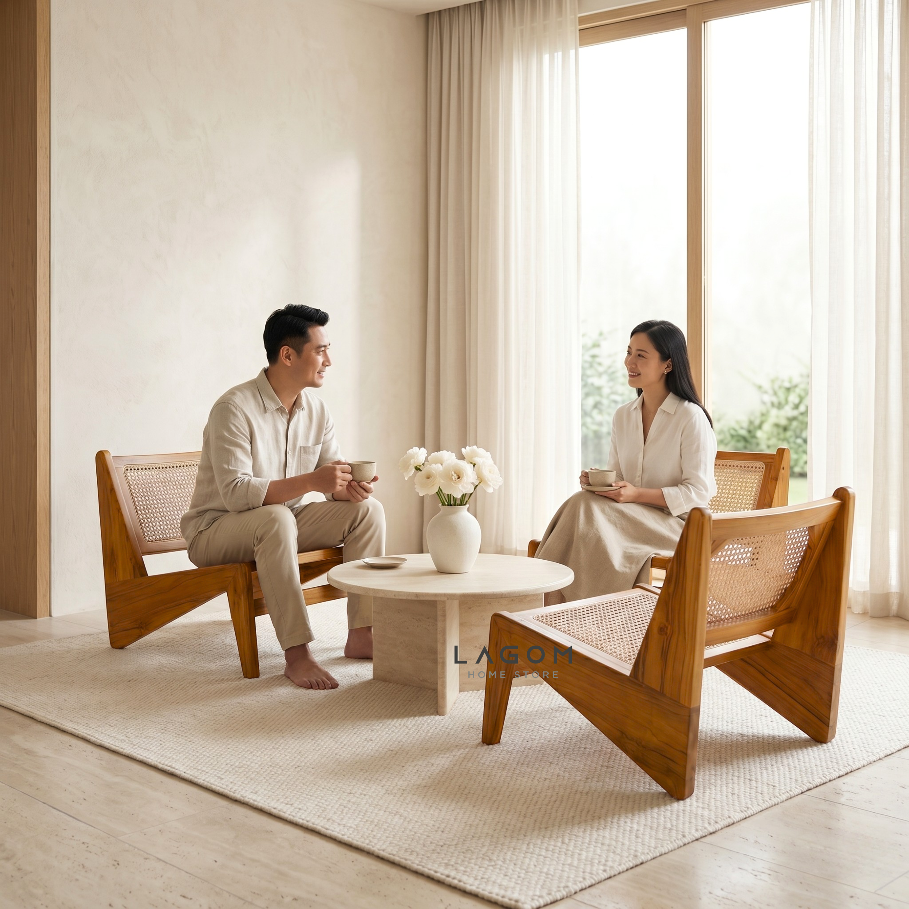 Teak & Rattan Lounge Chair for Indoor & Semi-Outdoor Spaces Chair Lagom Home Store Jati Furnitur Teak Furniture Jakarta