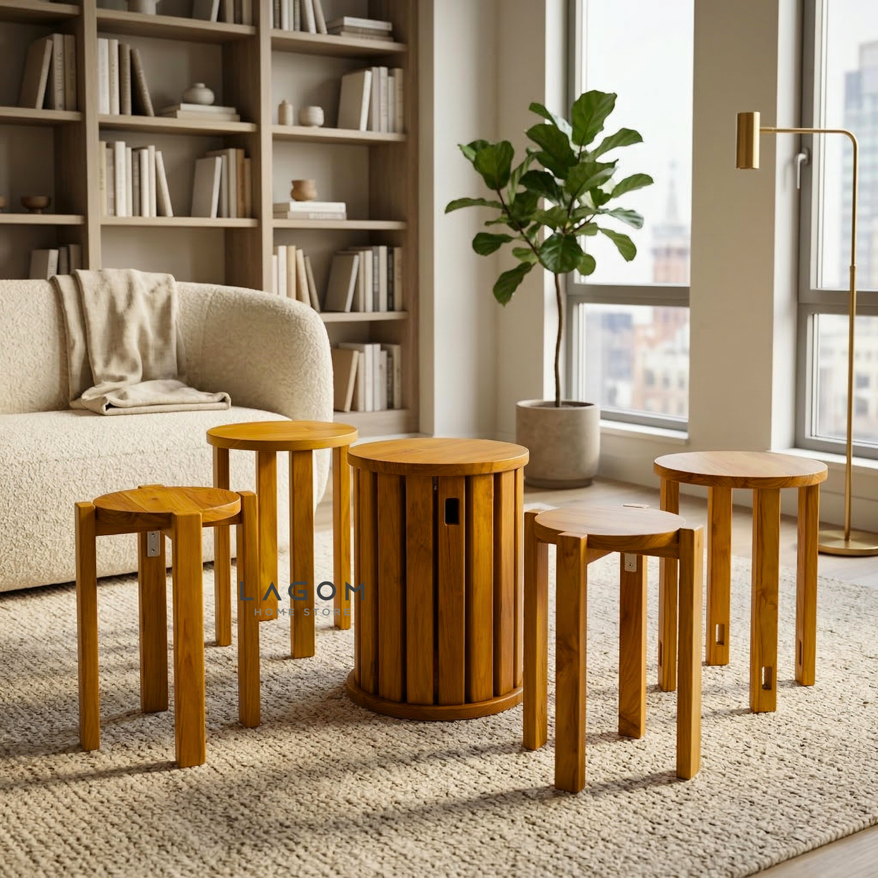 Teak Stackable Stools - Set of 4 Stool Lagom Home Store Jati Furnitur Teak Furniture Jakarta