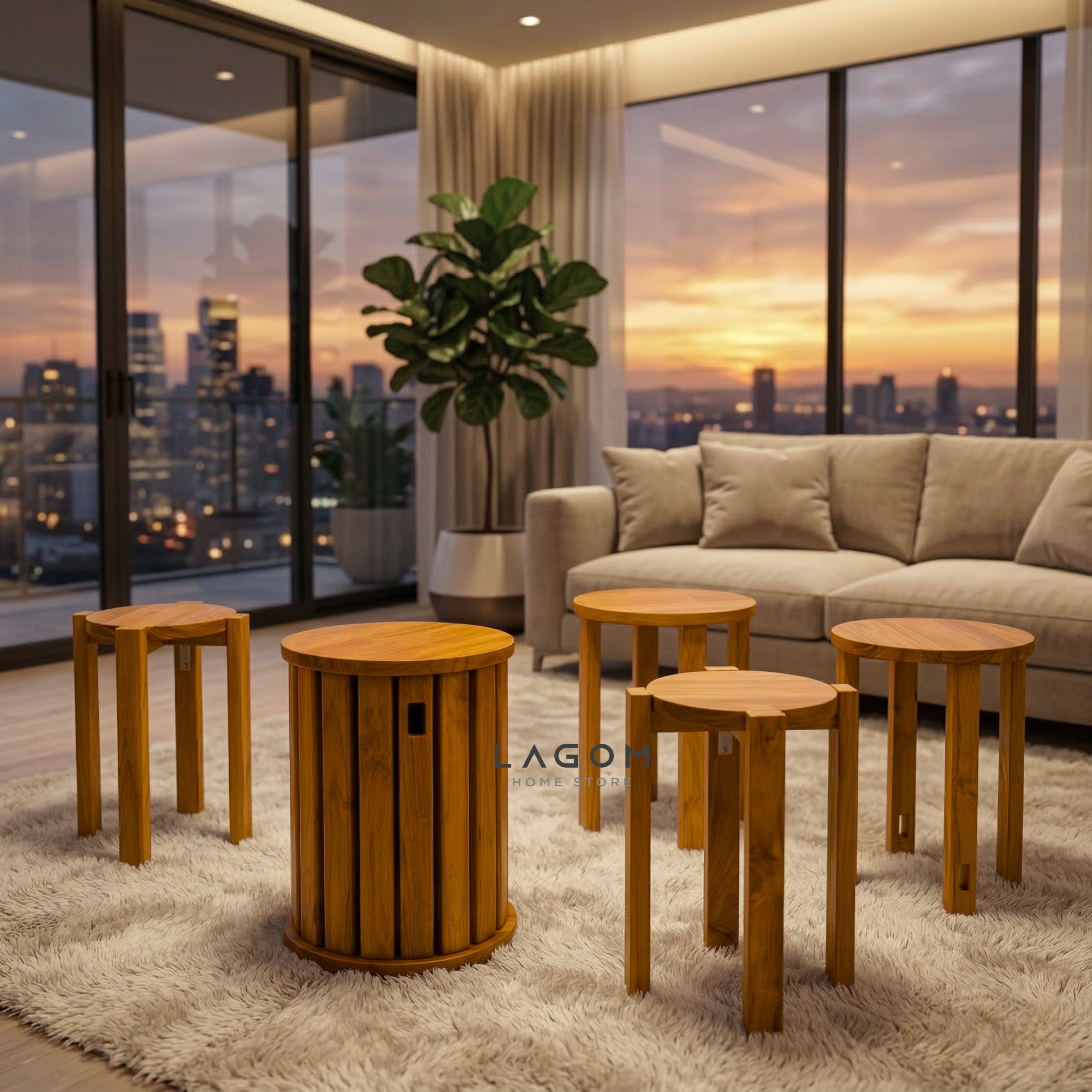 Teak Stackable Stools - Set of 4 Stool Lagom Home Store Jati Furnitur Teak Furniture Jakarta