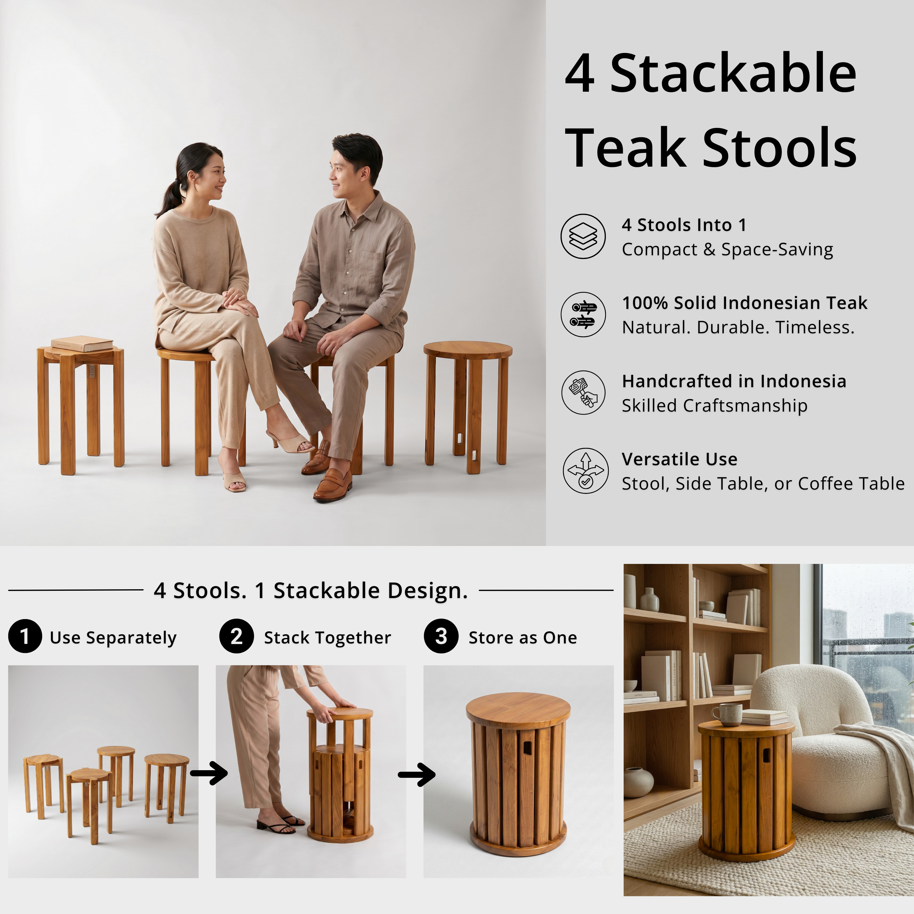 Teak Stackable Stools - Set of 4 Stool Lagom Home Store Jati Furnitur Teak Furniture Jakarta