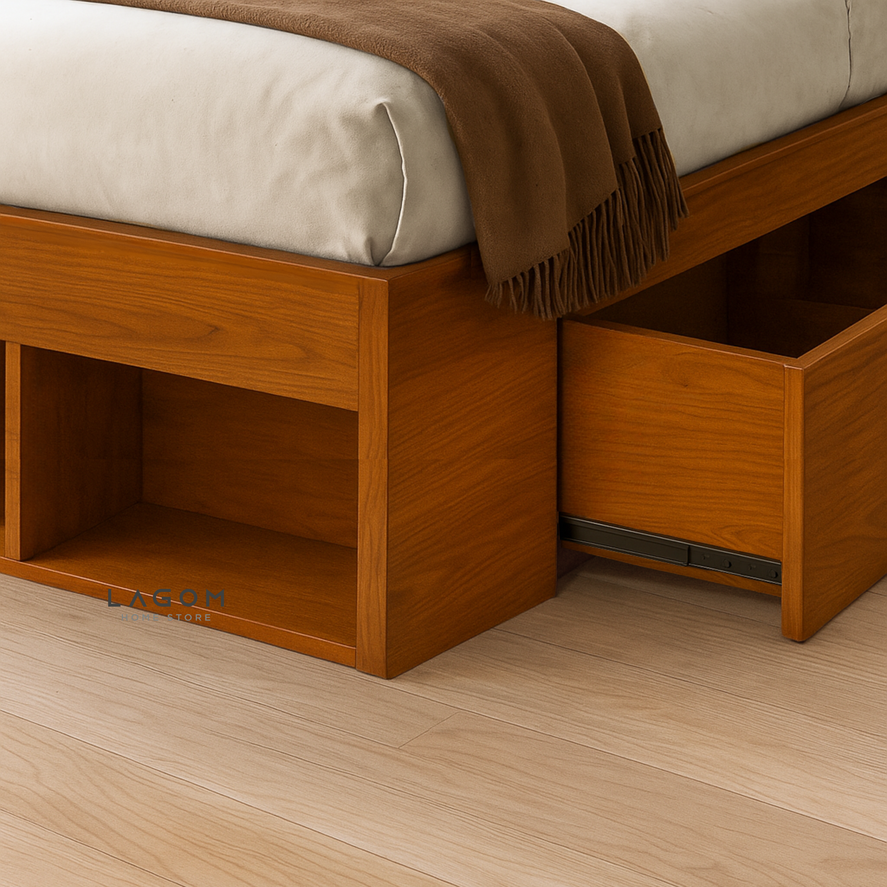 Teak Storage Bed with Hidden & Open Storage 166 cm x 237 cm x 100 cm (Mattress 160 cm x 200 cm) Bed Frame Lagom Home Store Jati Furnitur Teak Furniture Jakarta