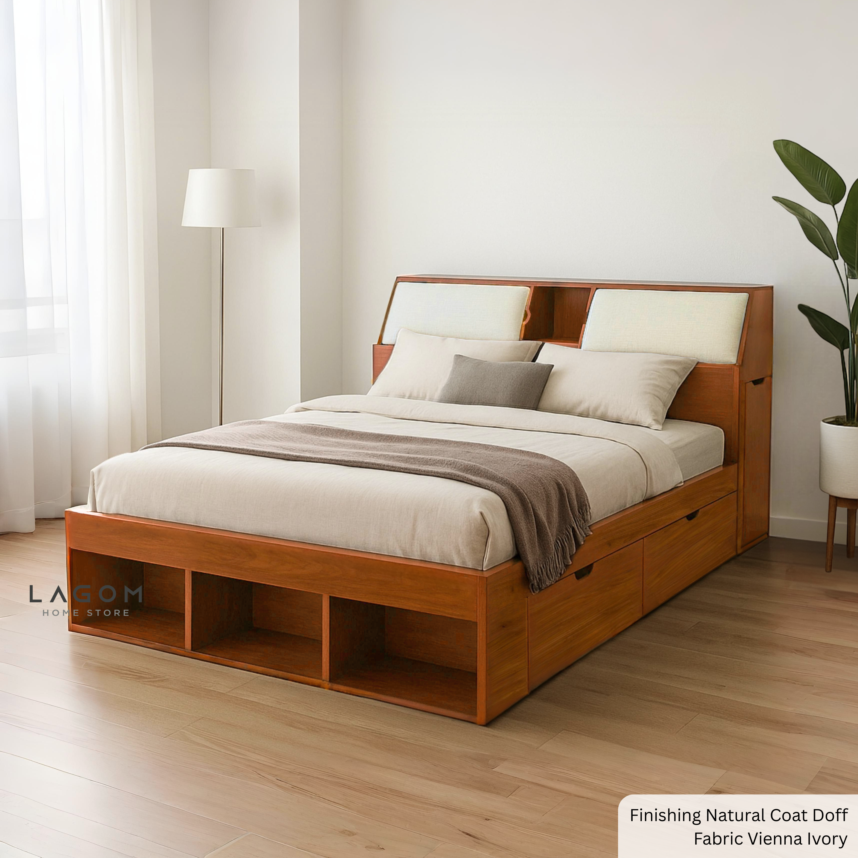 Teak Storage Bed with Hidden & Open Storage 166 cm x 237 cm x 100 cm (Mattress 160 cm x 200 cm) Bed Frame Lagom Home Store Jati Furnitur Teak Furniture Jakarta