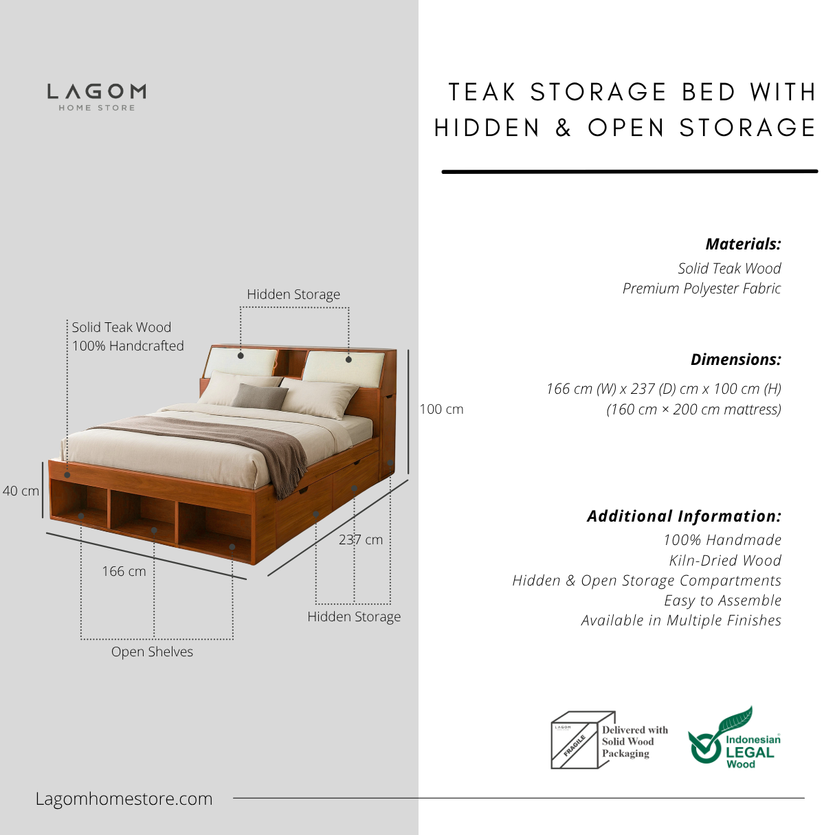 Teak Storage Bed with Hidden & Open Storage 166 cm x 237 cm x 100 cm (Mattress 160 cm x 200 cm) Bed Frame Lagom Home Store Jati Furnitur Teak Furniture Jakarta
