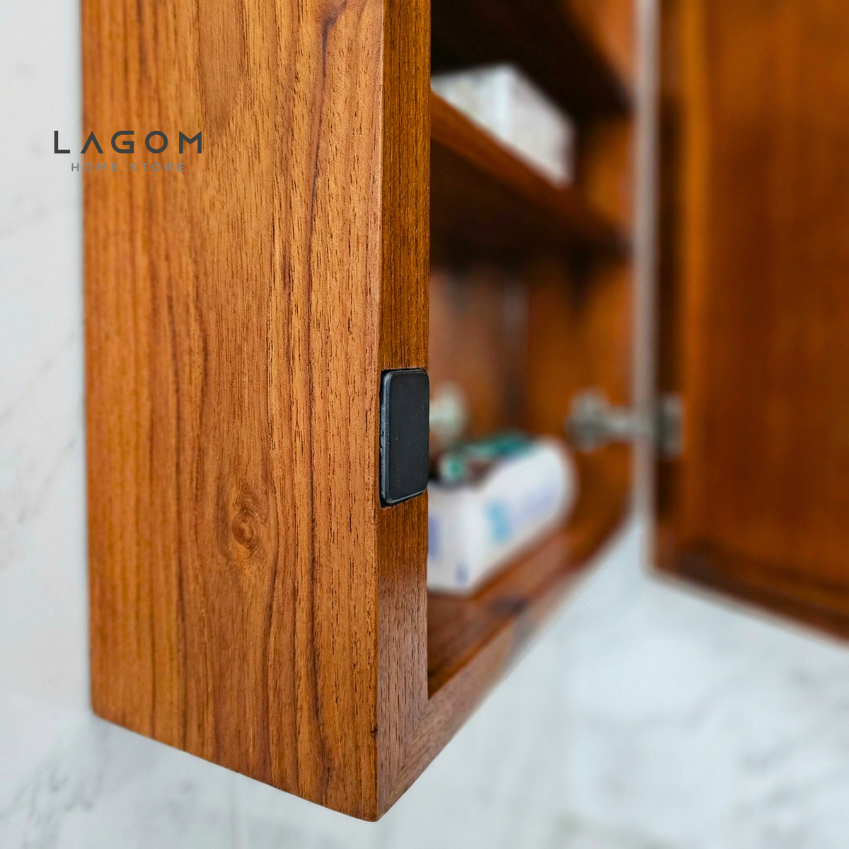 Teak Wall Mirror Cabinet with Hidden Storage Wall Storage Lagom Home Store Jati Furnitur Teak Furniture Jakarta