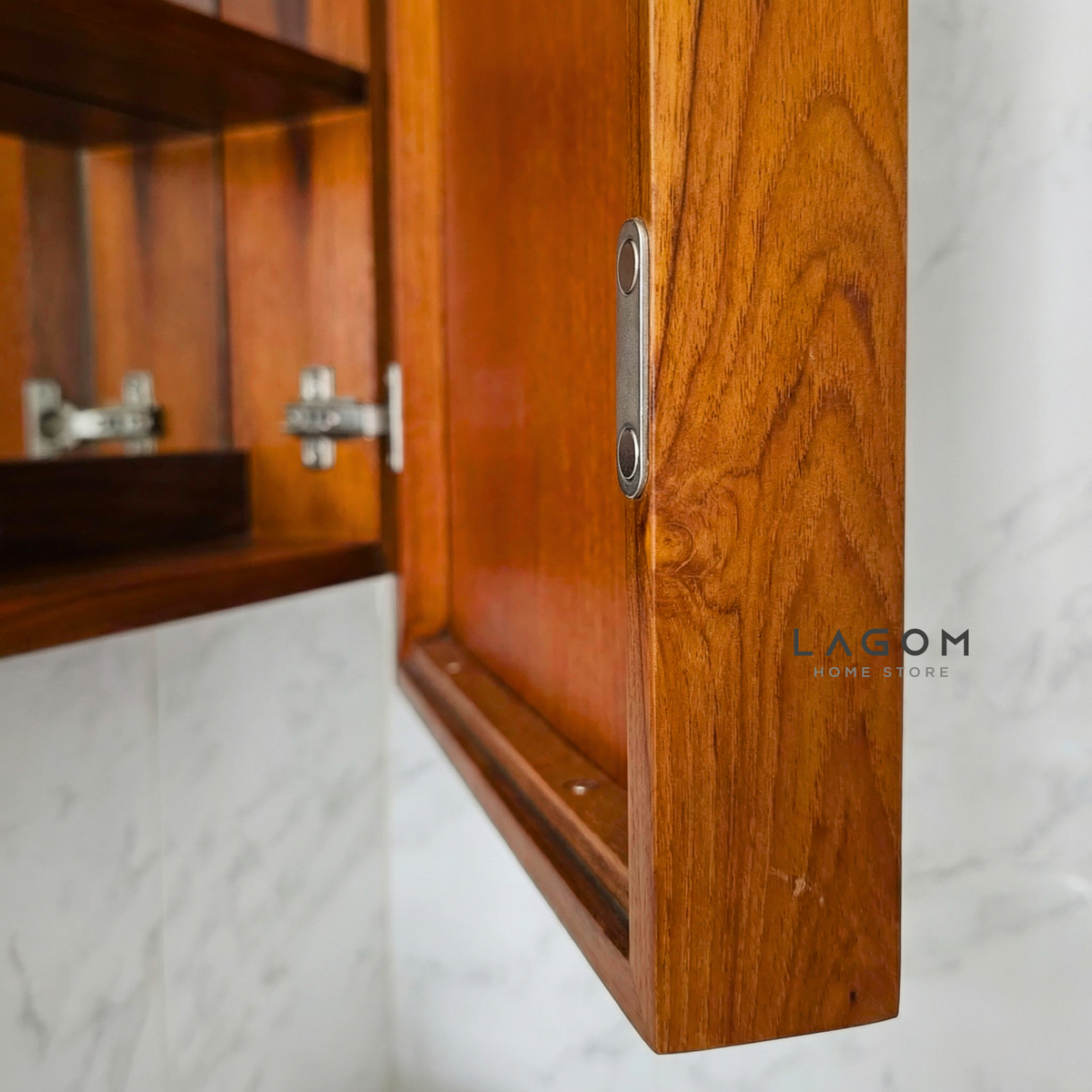Teak Wall Mirror Cabinet with Hidden Storage Wall Storage Lagom Home Store Jati Furnitur Teak Furniture Jakarta