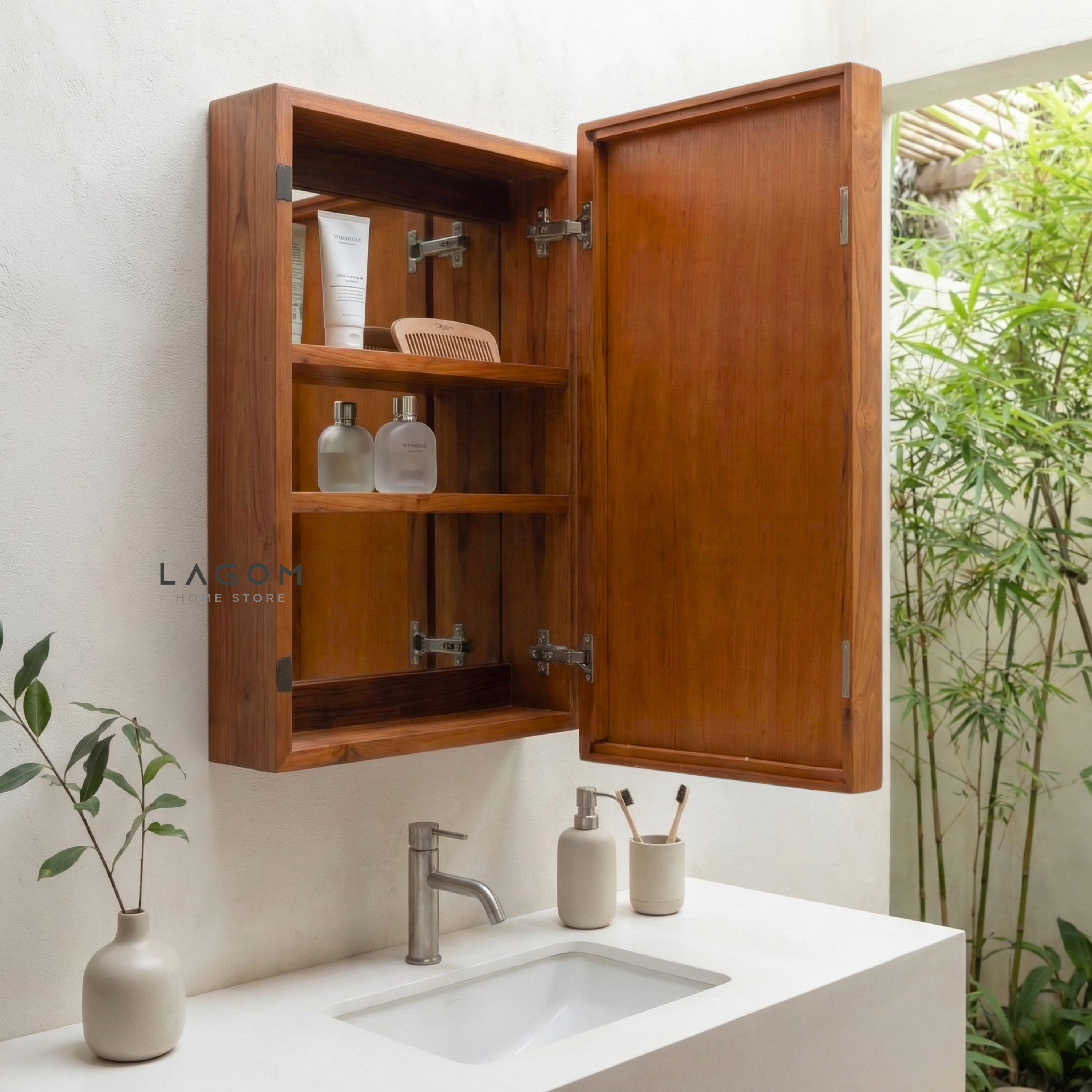 Teak Wall Mirror Cabinet with Hidden Storage Wall Storage Lagom Home Store Jati Furnitur Teak Furniture Jakarta