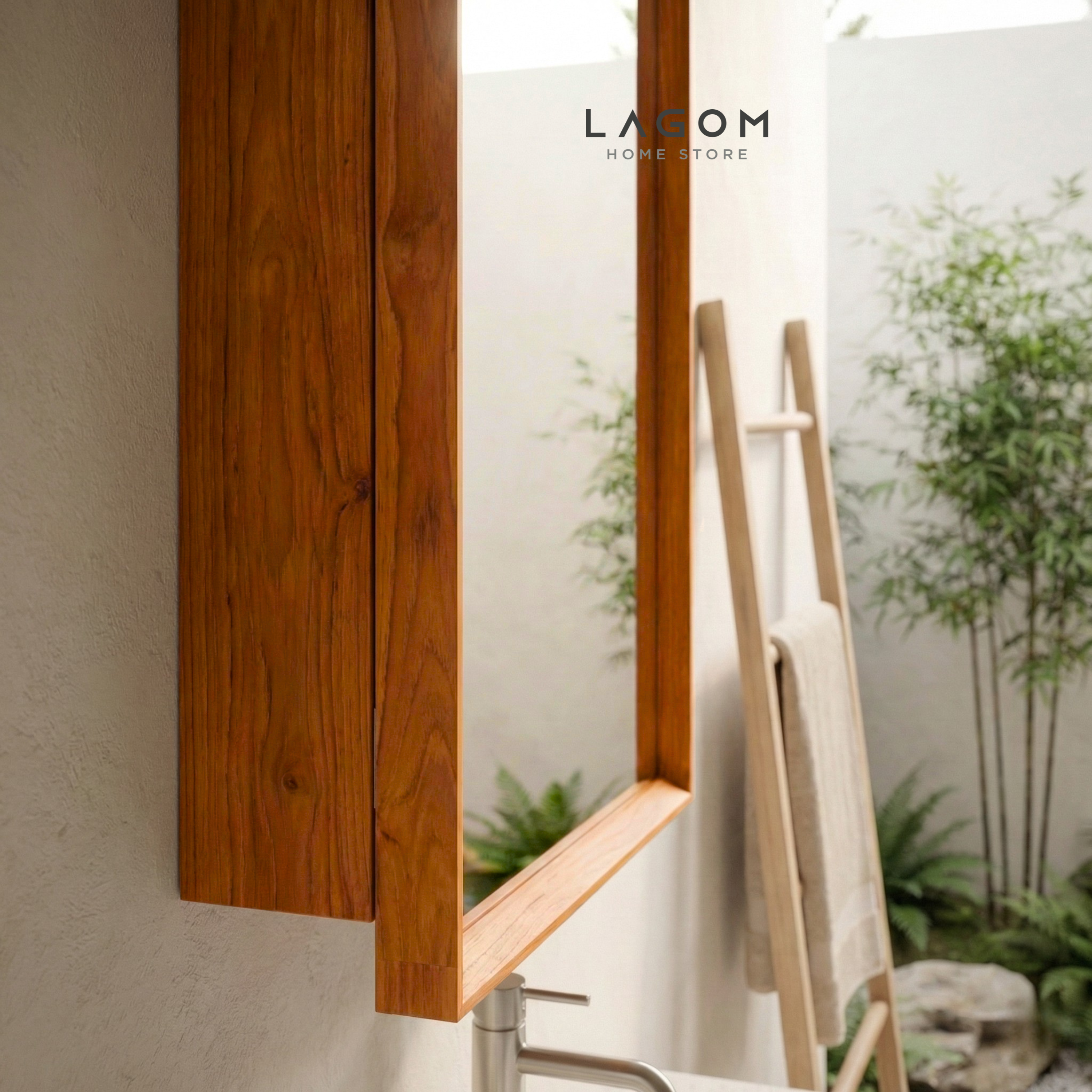 Teak Wall Mirror Cabinet with Hidden Storage Wall Storage Lagom Home Store Jati Furnitur Teak Furniture Jakarta