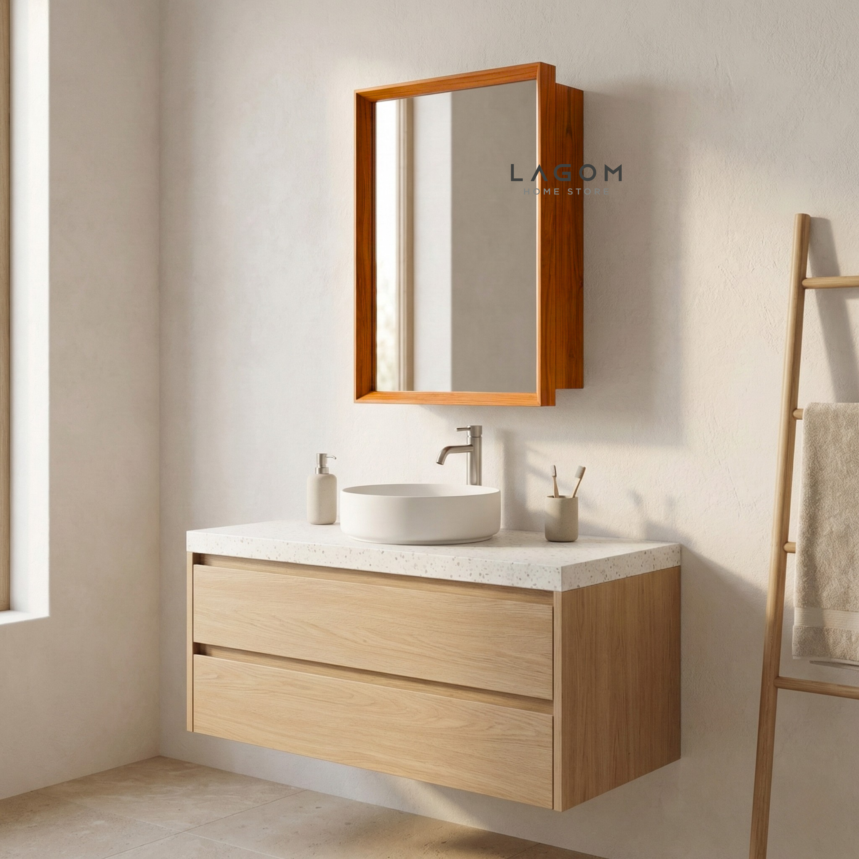 Teak Wall Mirror Cabinet with Hidden Storage Wall Storage Lagom Home Store Jati Furnitur Teak Furniture Jakarta