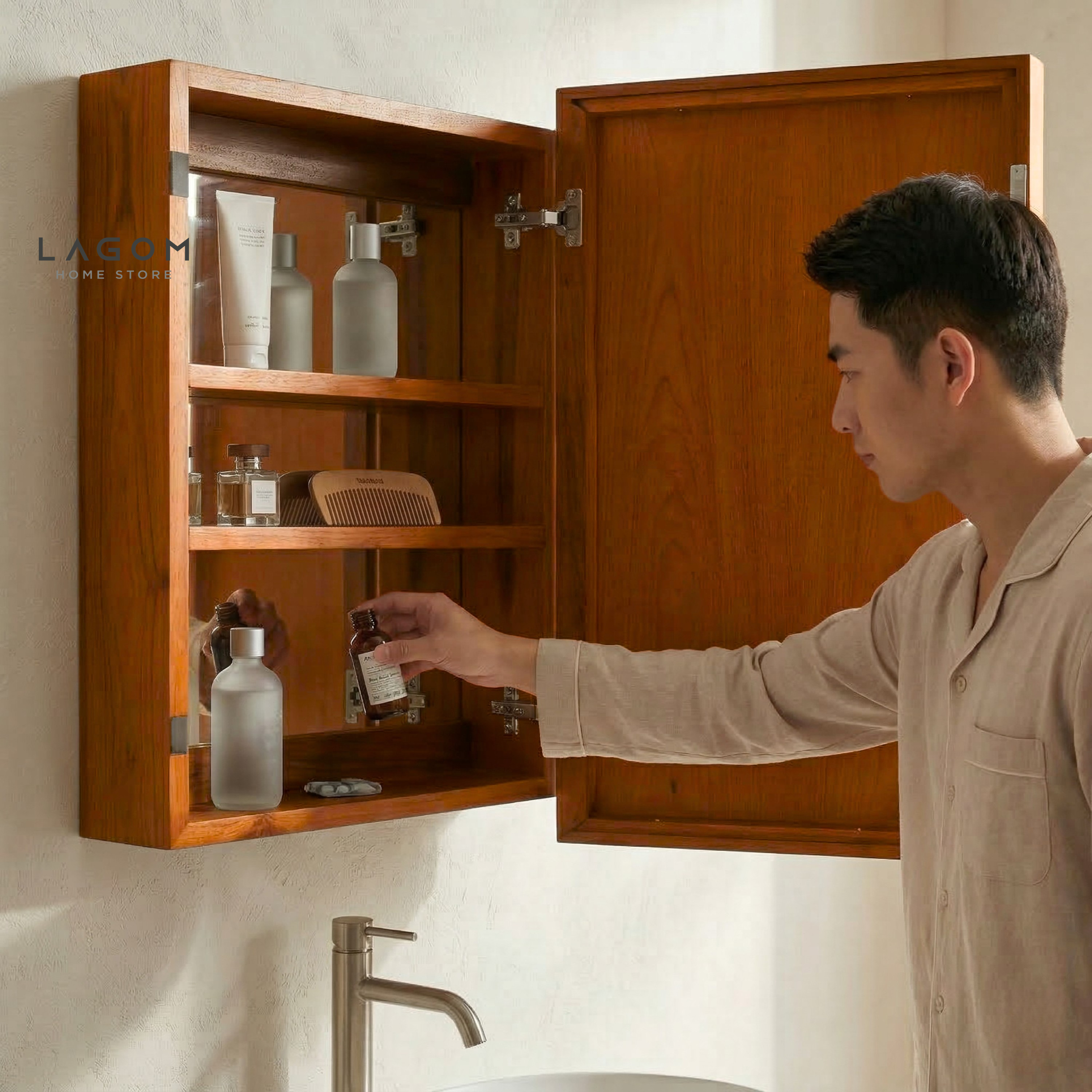 Teak Wall Mirror Cabinet with Hidden Storage Wall Storage Lagom Home Store Jati Furnitur Teak Furniture Jakarta