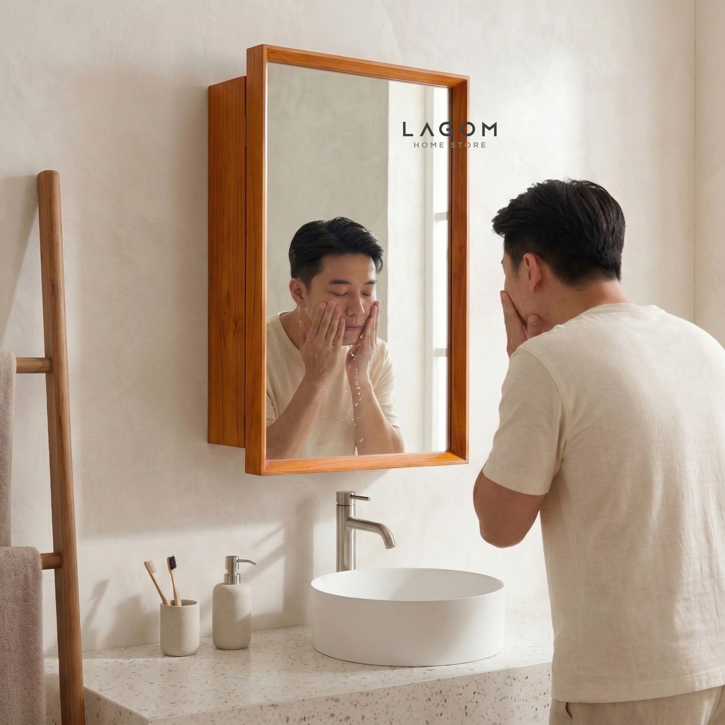 Teak Wall Mirror Cabinet with Hidden Storage Wall Storage Lagom Home Store Jati Furnitur Teak Furniture Jakarta