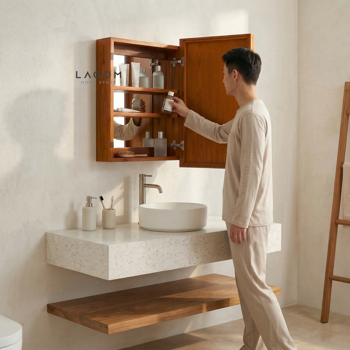 Teak Wall Mirror Cabinet with Hidden Storage Wall Storage Lagom Home Store Jati Furnitur Teak Furniture Jakarta