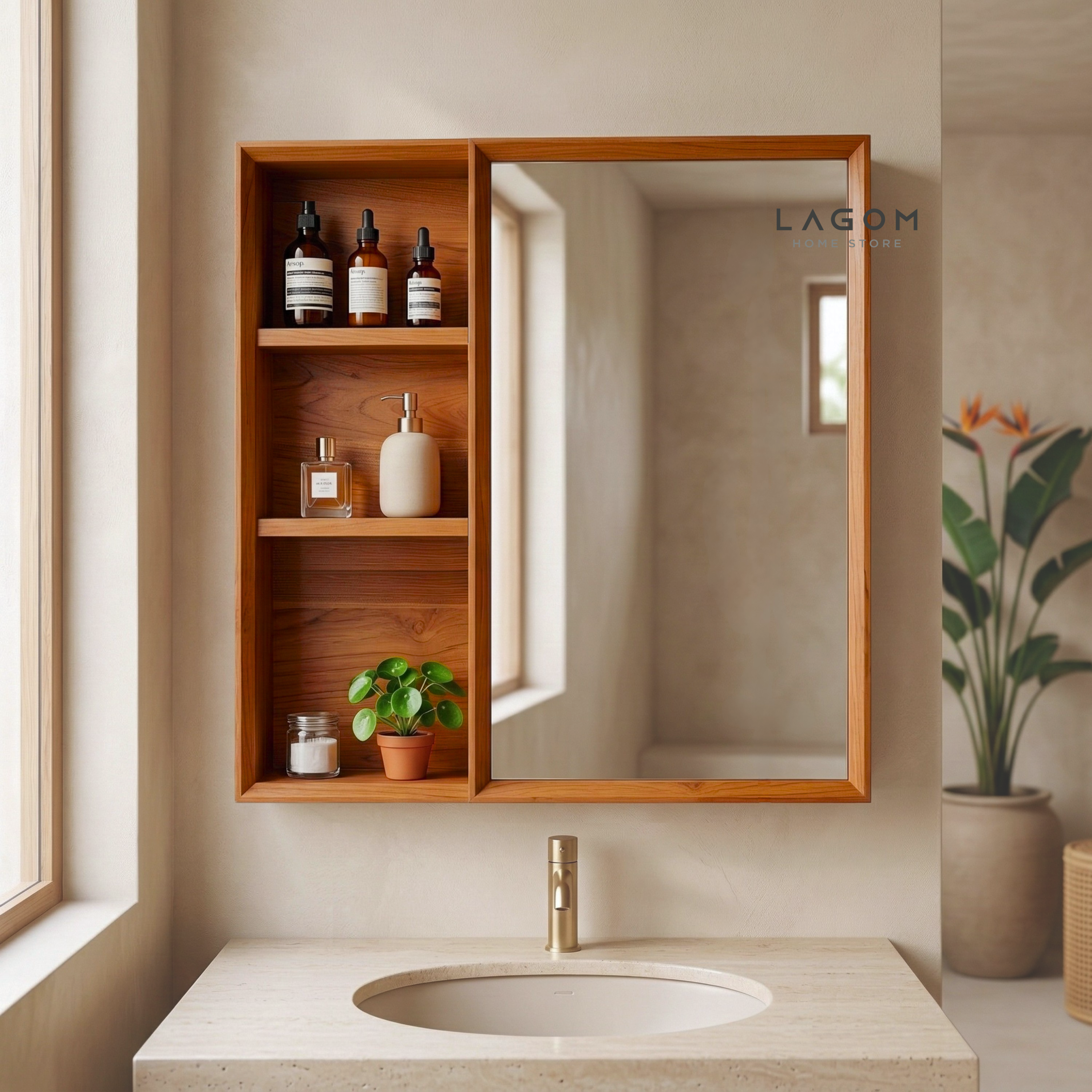 Teak Wall Mirror Cabinet with Storage Shelves Wall Storage Lagom Home Store Jati Furnitur Teak Furniture Jakarta