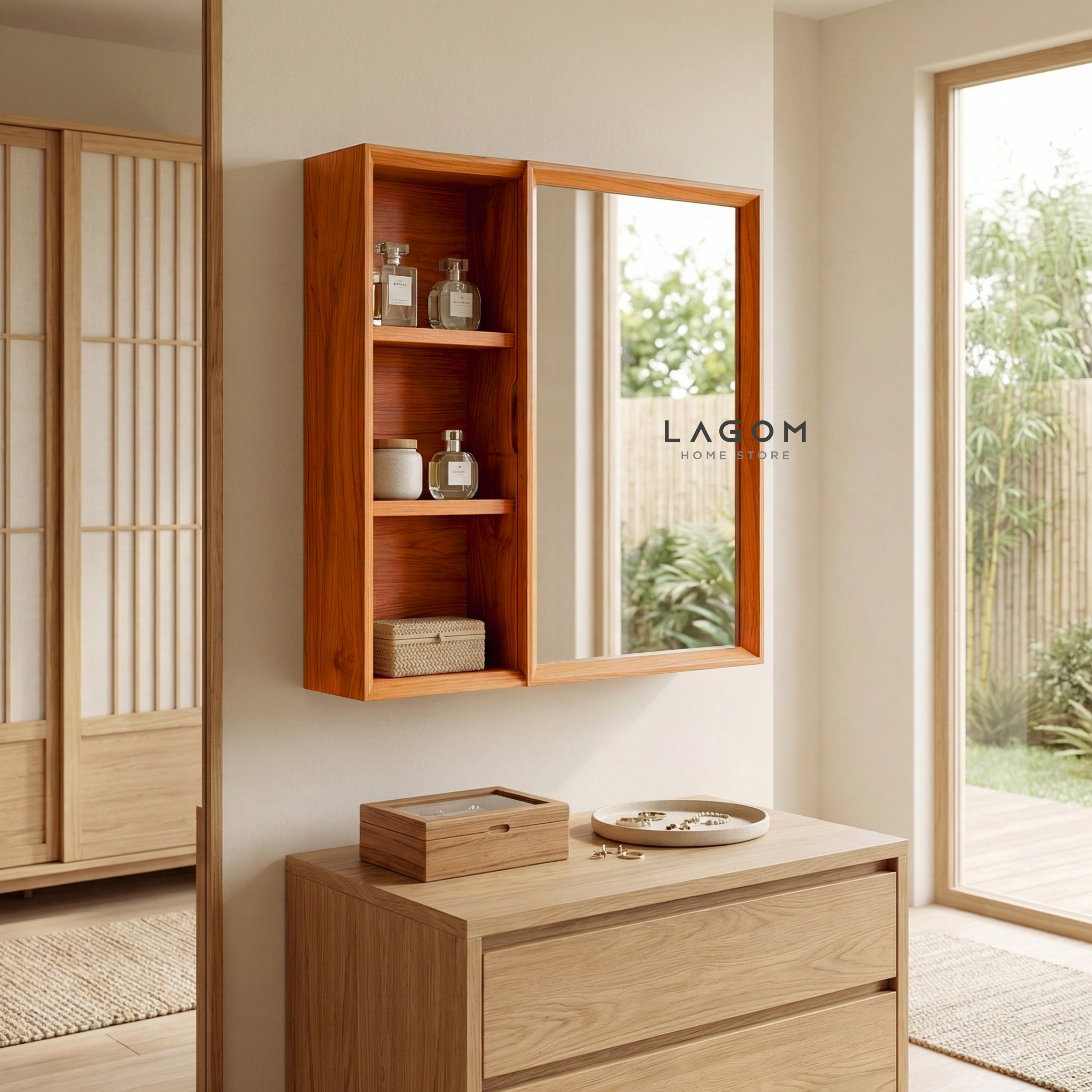 Teak Wall Mirror Cabinet with Storage Shelves Wall Storage Lagom Home Store Jati Furnitur Teak Furniture Jakarta
