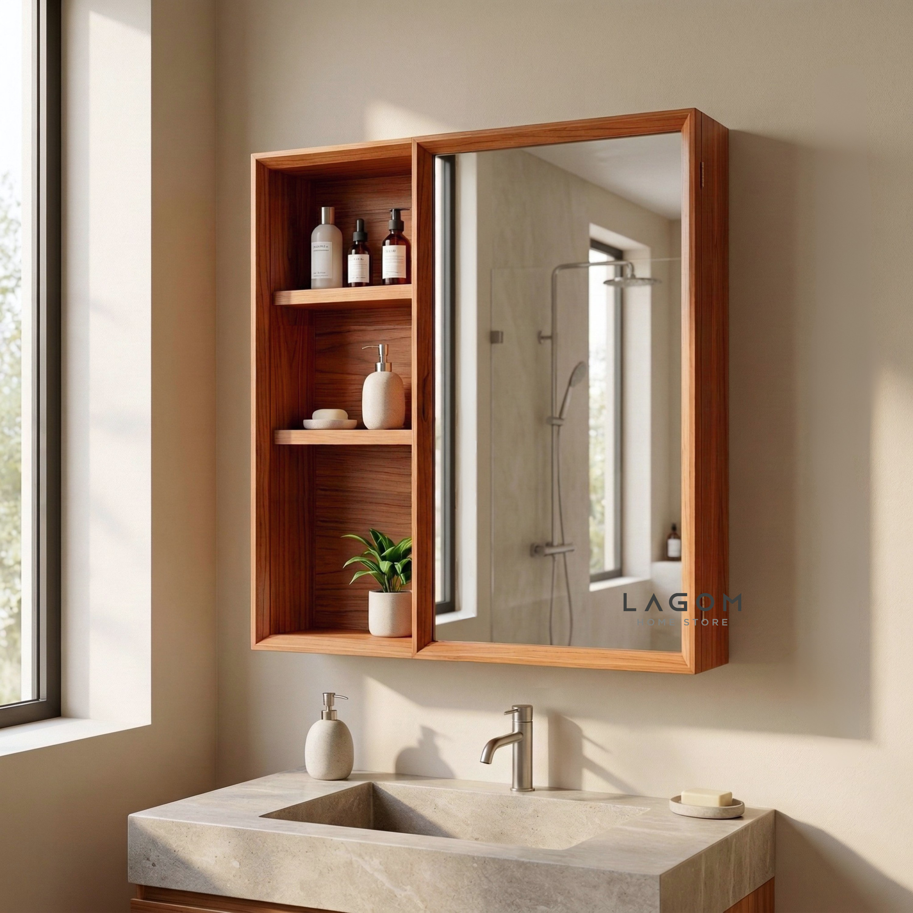 Teak Wall Mirror Cabinet with Storage Shelves Wall Storage Lagom Home Store Jati Furnitur Teak Furniture Jakarta