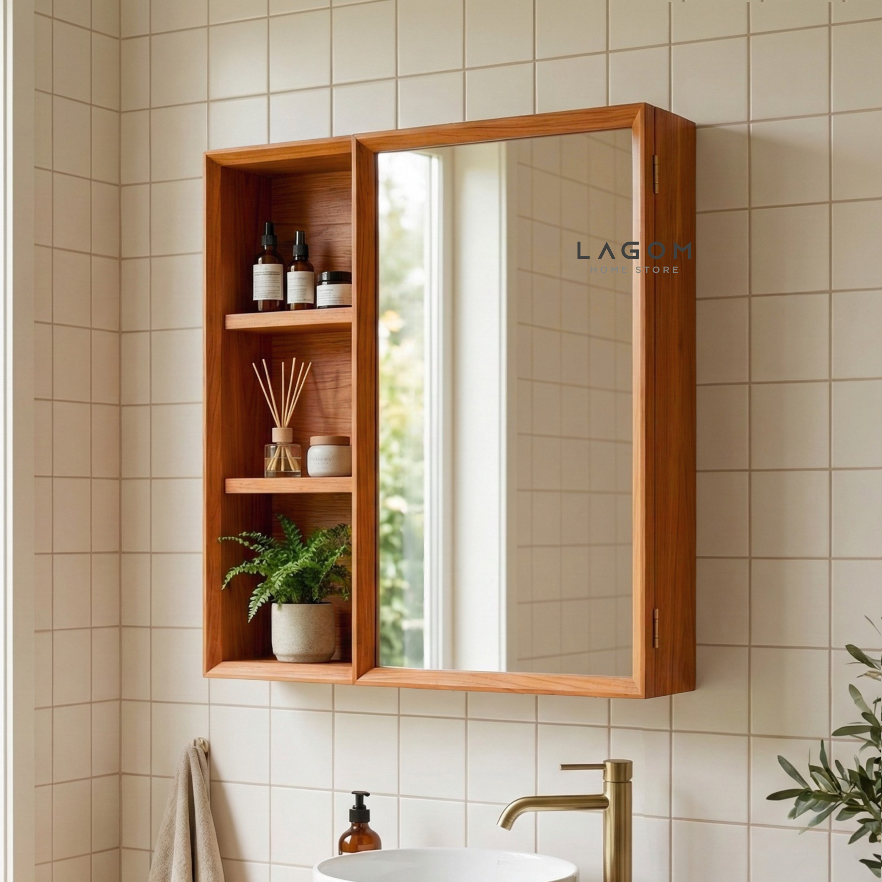 Teak Wall Mirror Cabinet with Storage Shelves Wall Storage Lagom Home Store Jati Furnitur Teak Furniture Jakarta