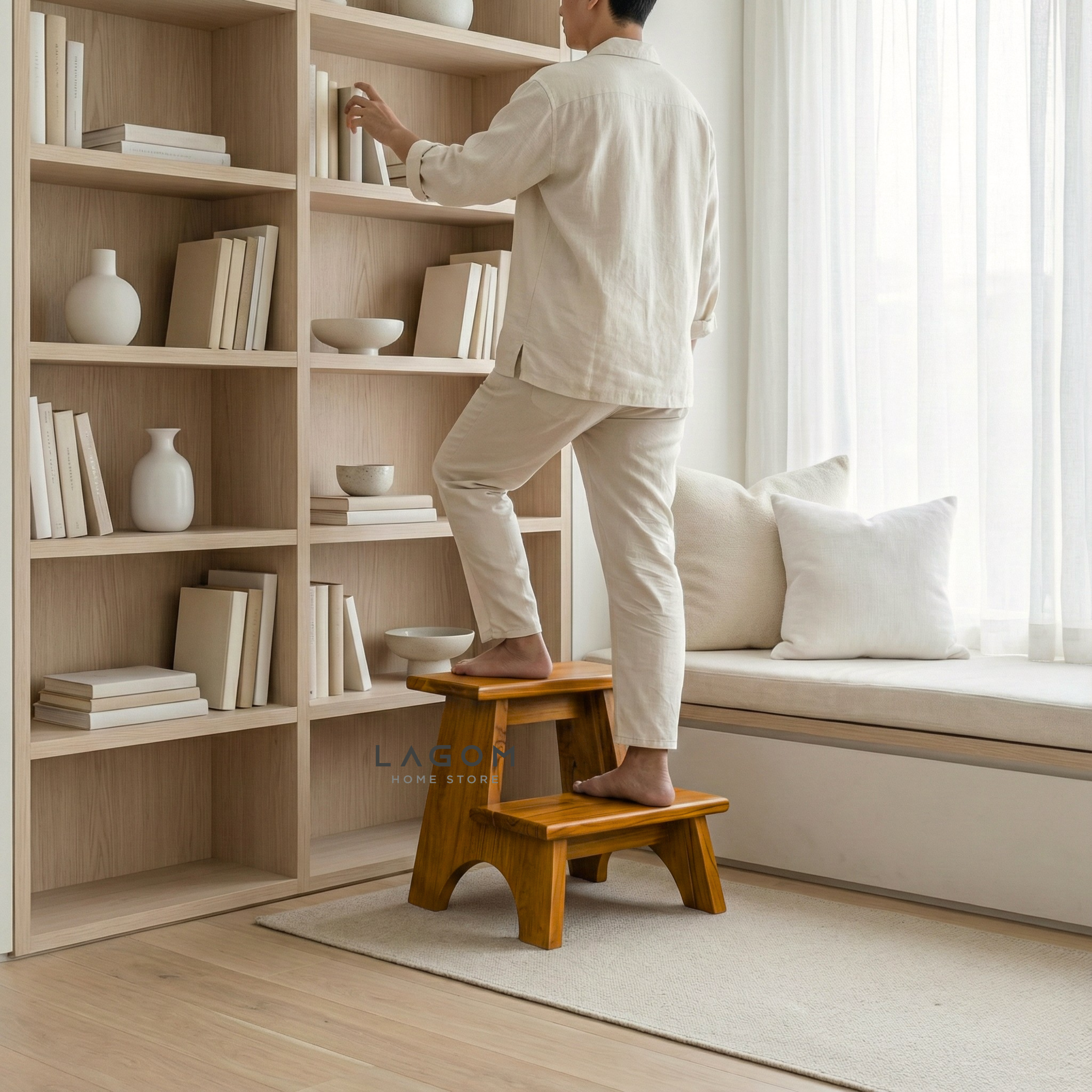 Teak Wood 2-Step Stool Step Stool Lagom Home Store Jati Furnitur Teak Furniture Jakarta