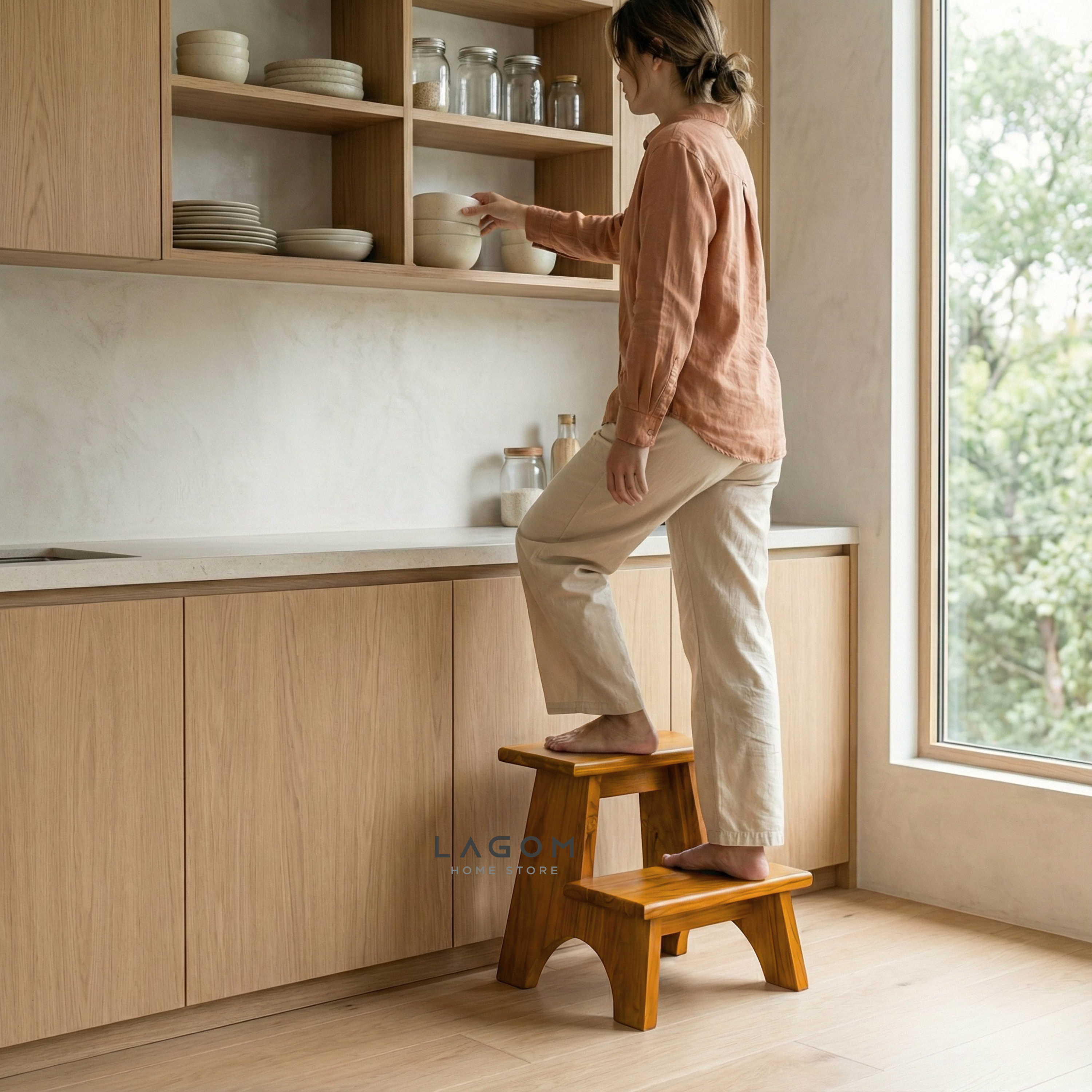 Teak Wood 2-Step Stool Step Stool Lagom Home Store Jati Furnitur Teak Furniture Jakarta