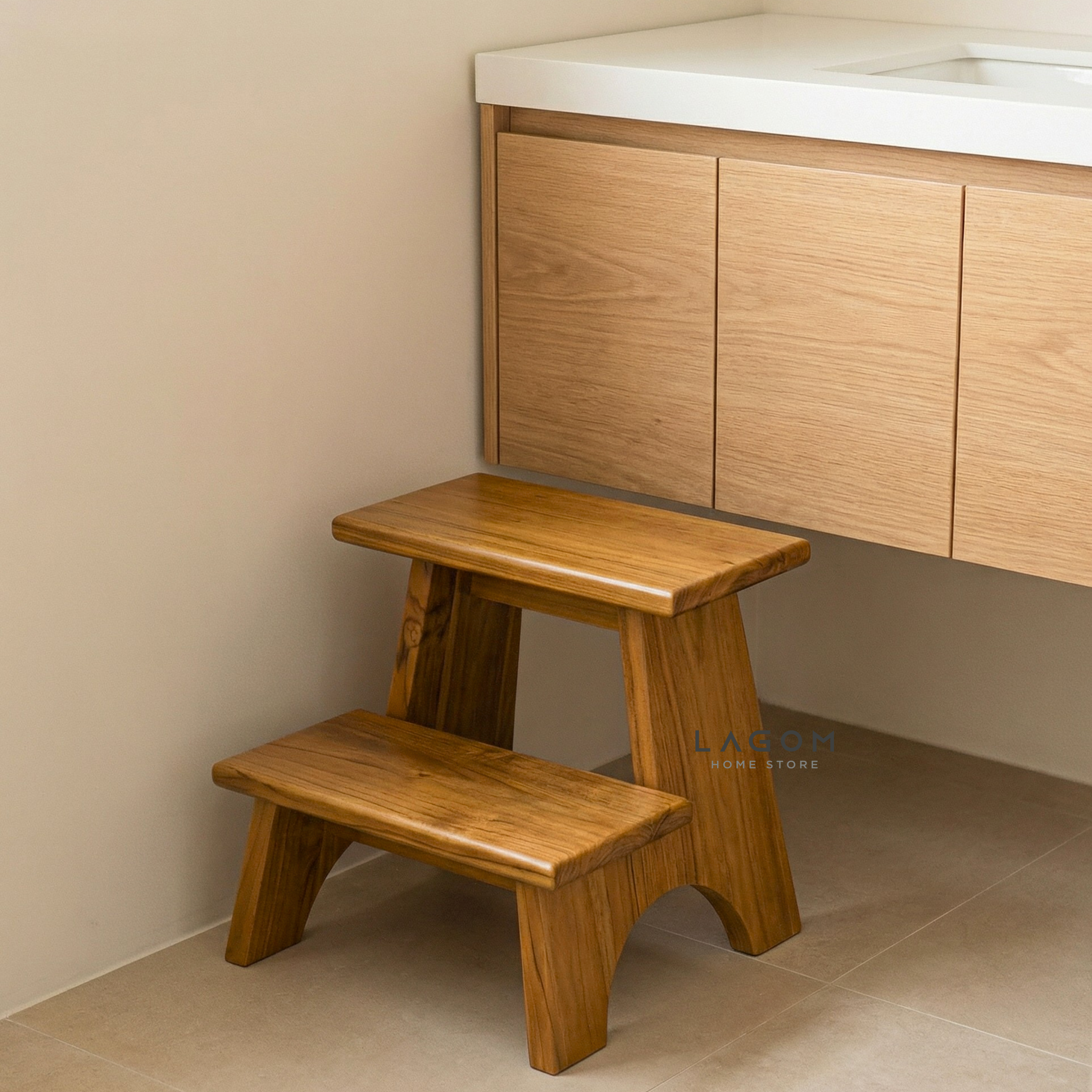 Teak Wood 2-Step Stool Step Stool Lagom Home Store Jati Furnitur Teak Furniture Jakarta