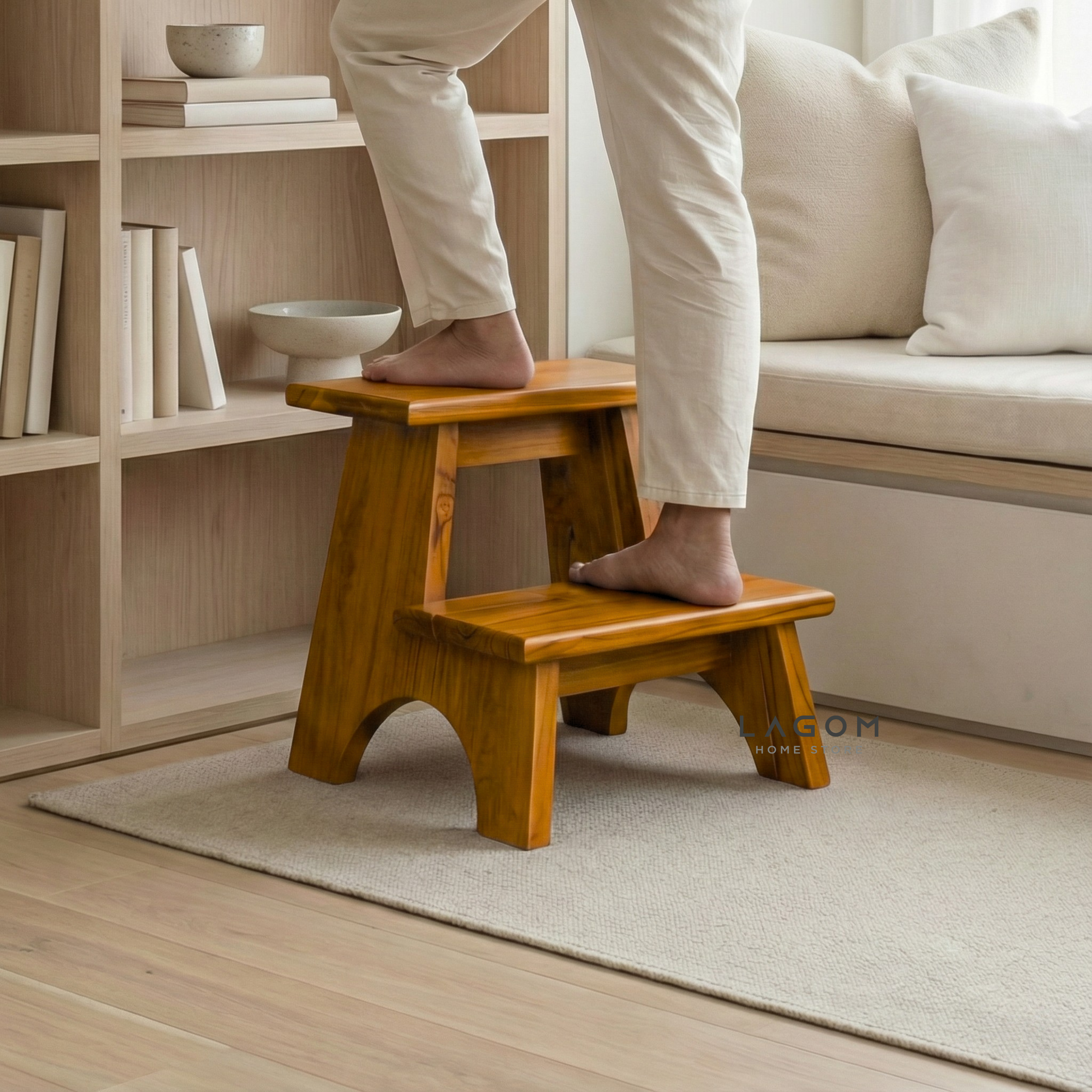 Teak Wood 2-Step Stool Step Stool Lagom Home Store Jati Furnitur Teak Furniture Jakarta