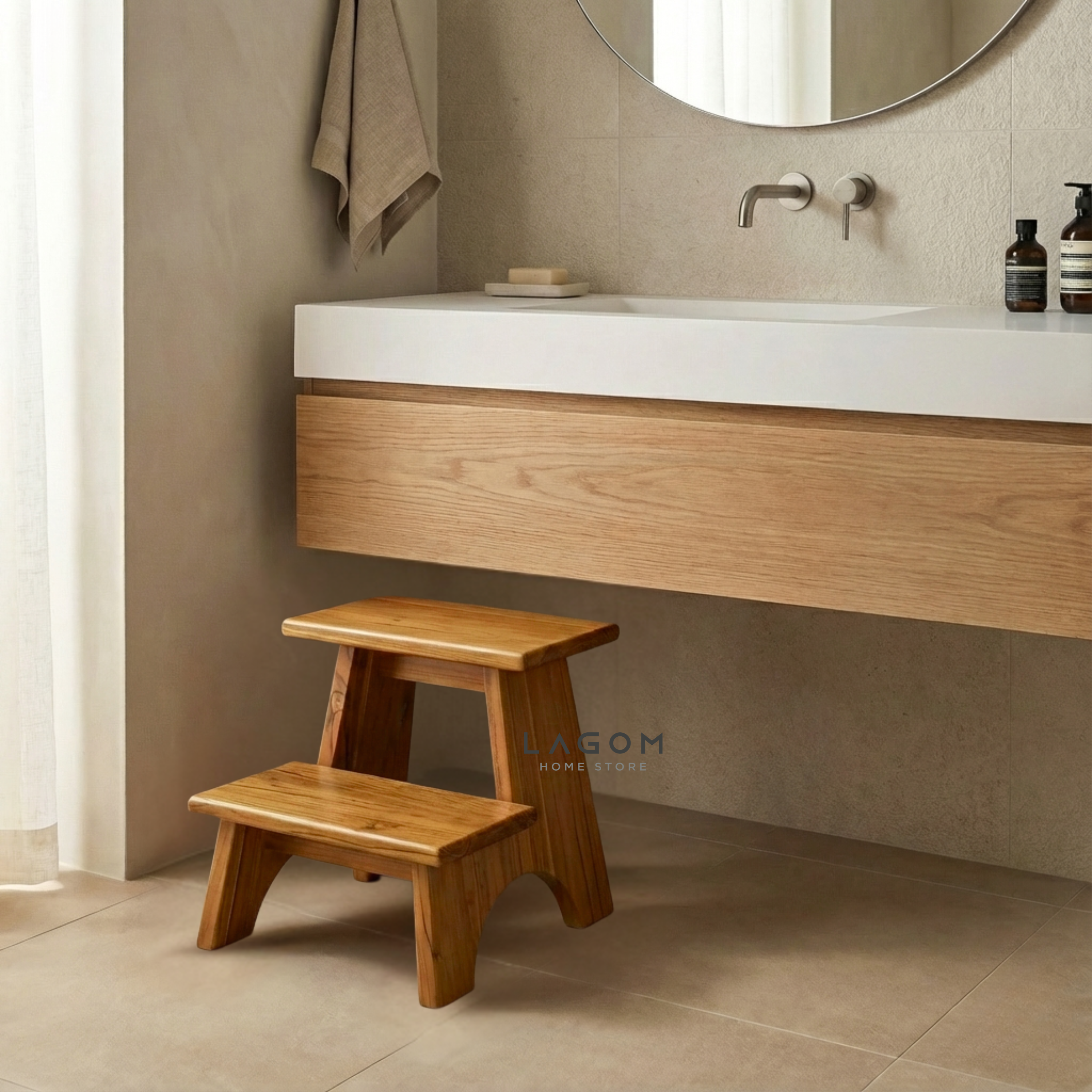 Teak Wood 2-Step Stool Step Stool Lagom Home Store Jati Furnitur Teak Furniture Jakarta